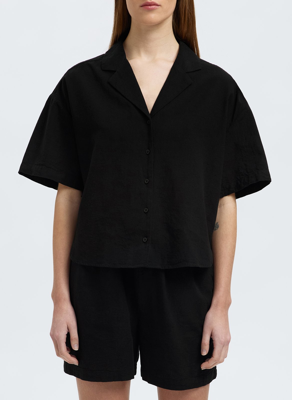 Short-sleeved shirt in organic linen and cotton SELECTED Black