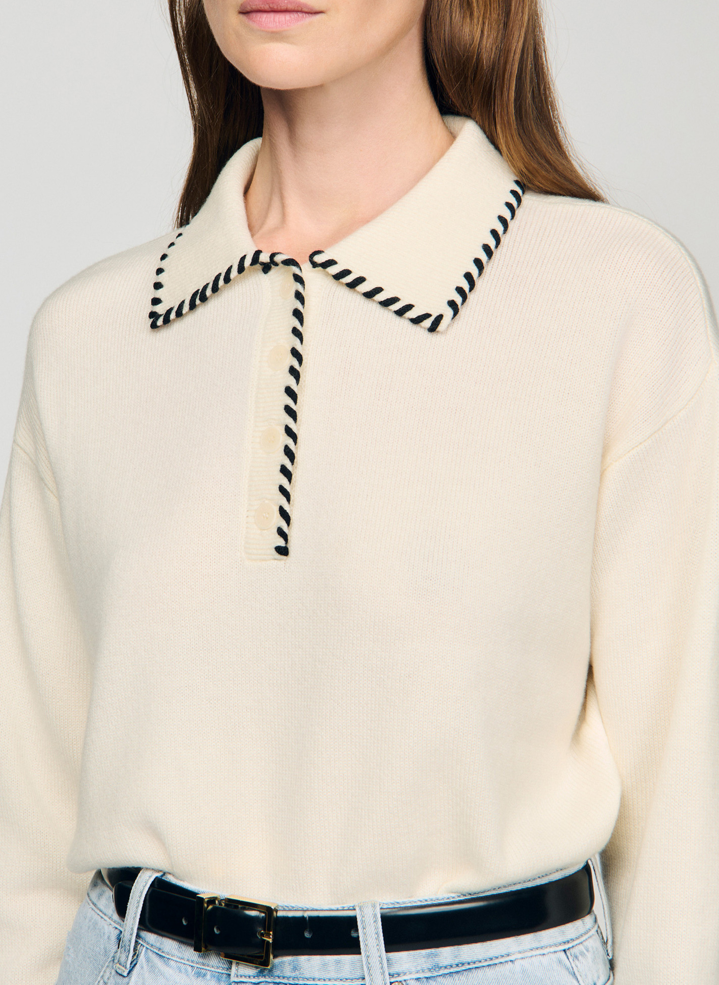 Effen trui van wolmix met lange mouwen en kant SANDRO Wit