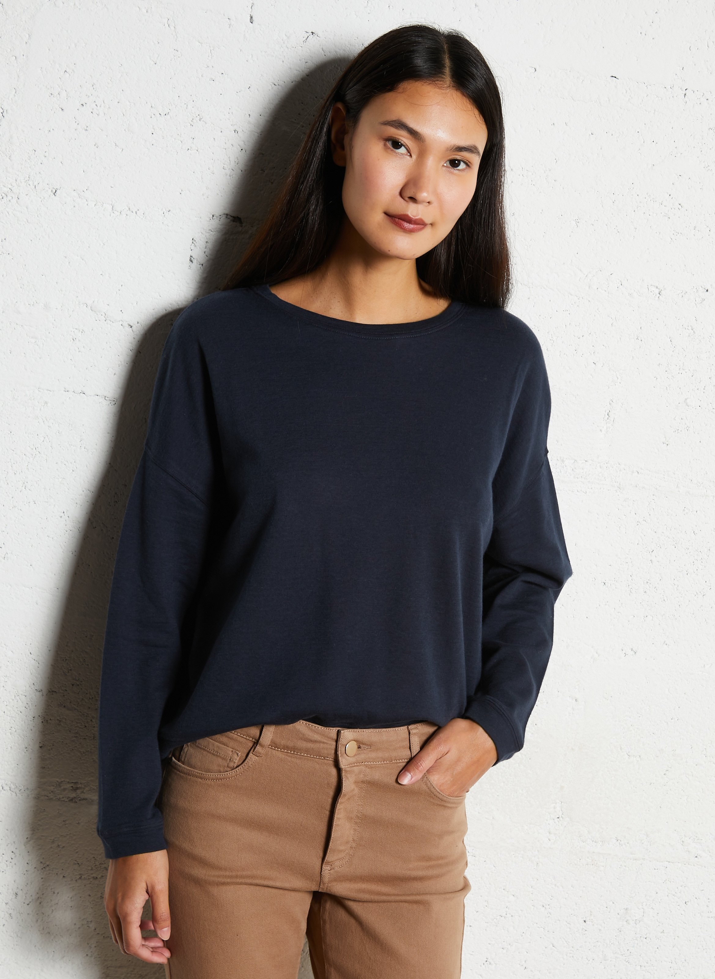 Tee-shirt oversize col bateau en coton bio et cachemire MAJESTIC FILATURES Bleu