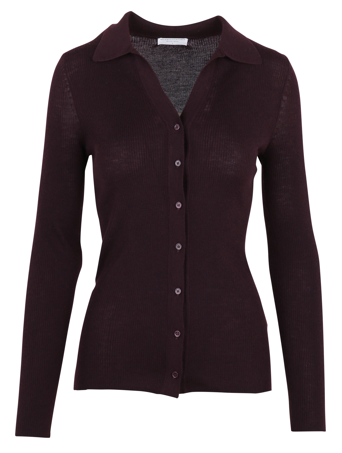 Gilet droit col V en laine MAJESTIC FILATURES Prune