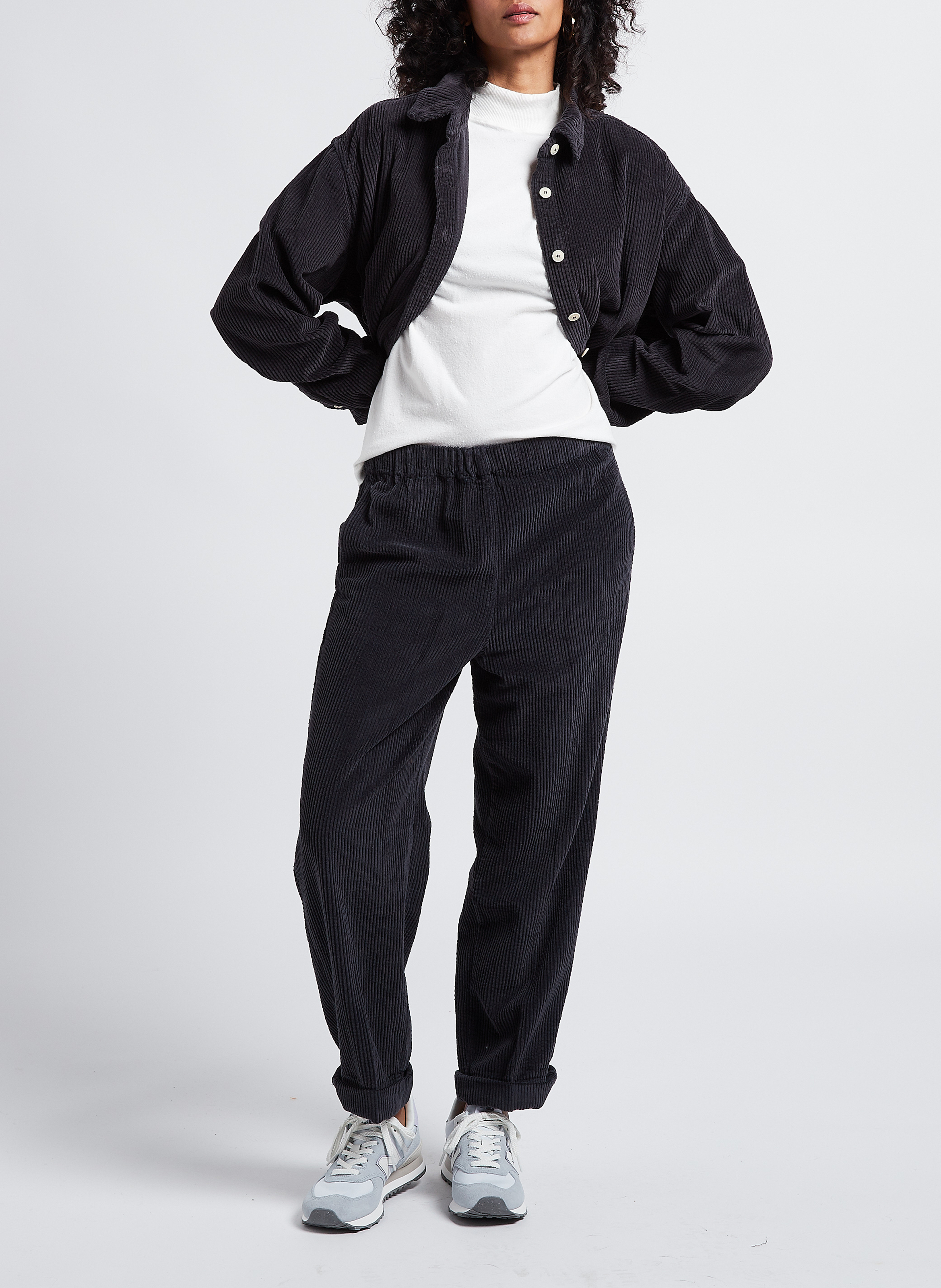 Pantalon large taille haute en velours côtelé AMERICAN VINTAGE Noir