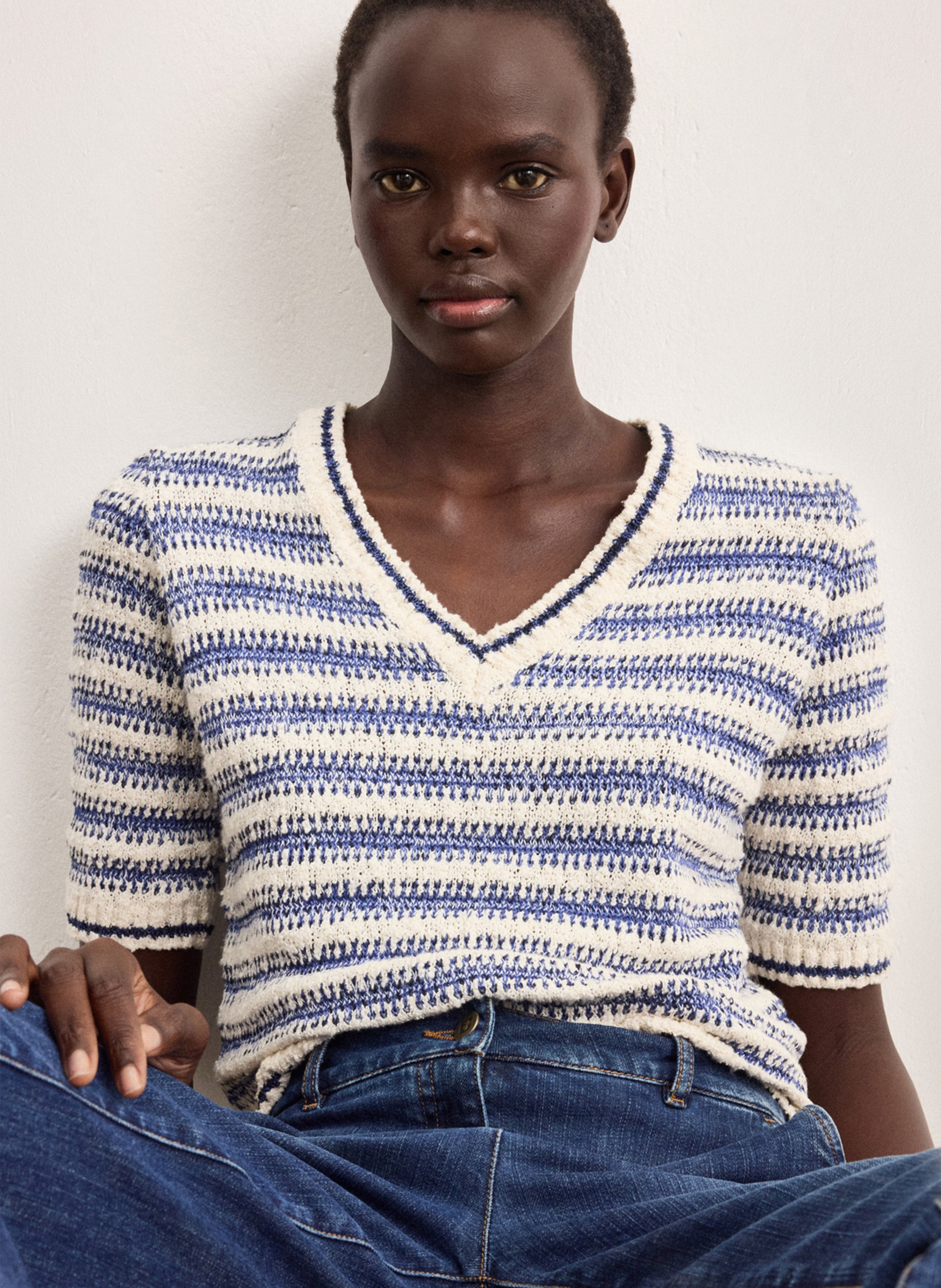 Pull droit col V en coton mélangé PABLO Bleu