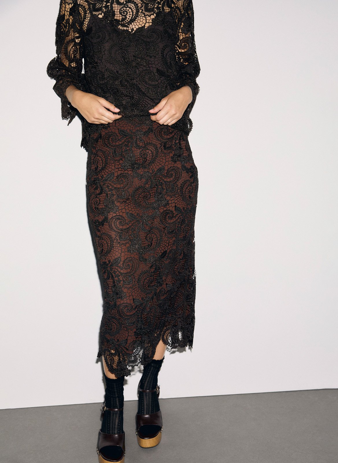 Straight lace midi skirt GERARD DAREL Brown
