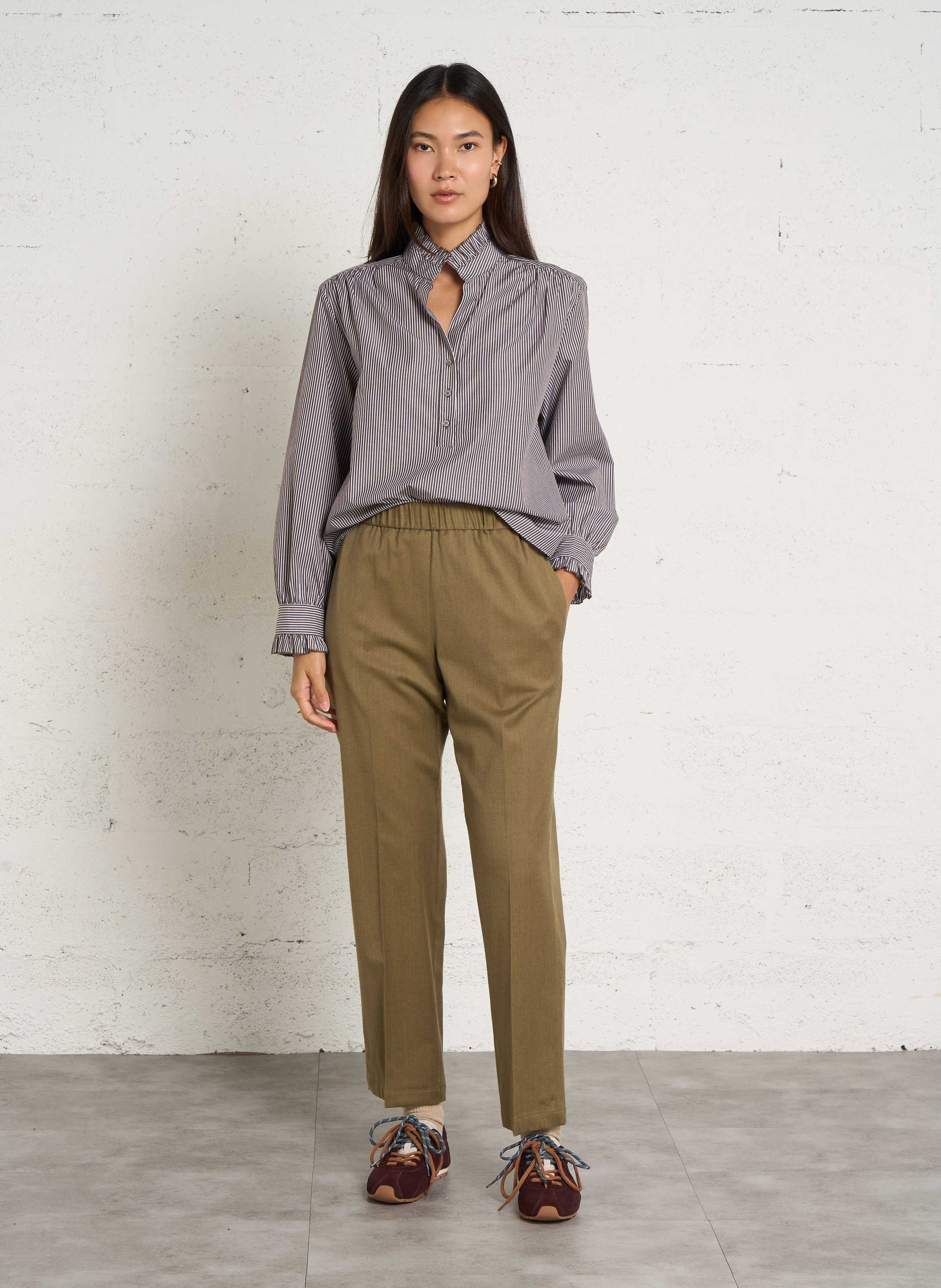 Blouse droite col rond en coton rayé POMANDERE Marron