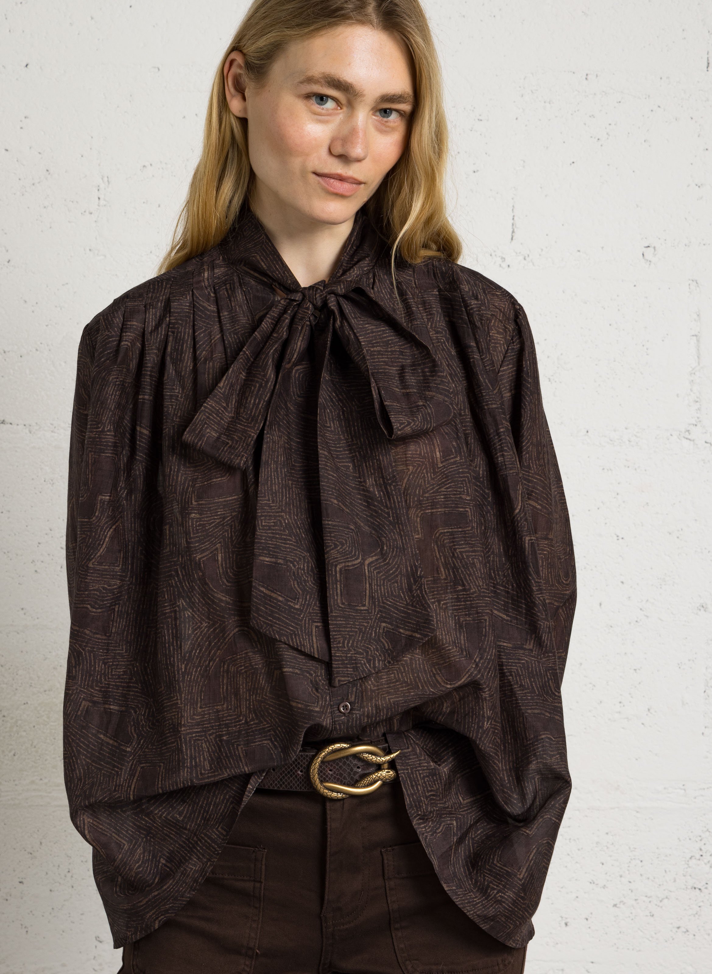 Chemise col à nouer en coton mélangé THE KORNER Marron