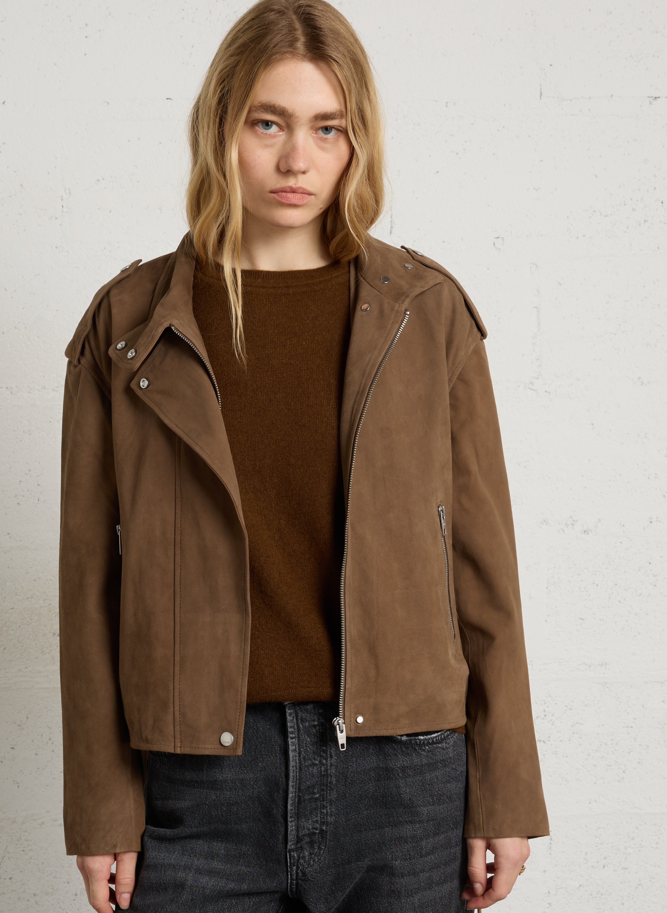 Blouson droit col montant en cuir IKKS Marron