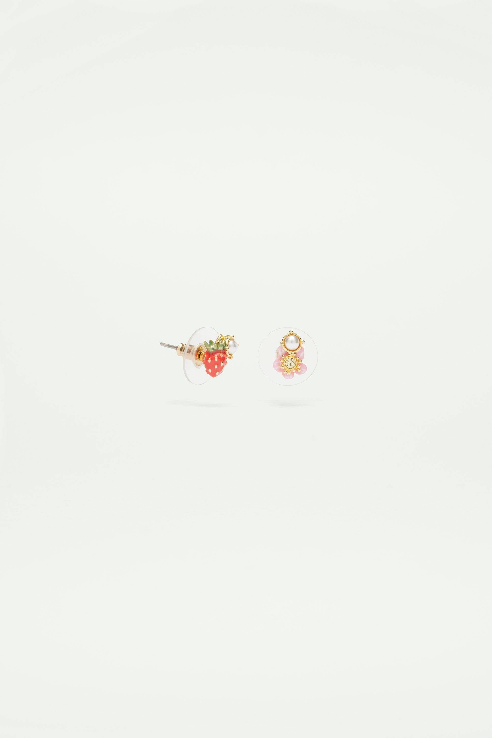 Boucles d'oreilles tiges asymétriques fraises des bois et fleurs LES NEREIDES Multicolore