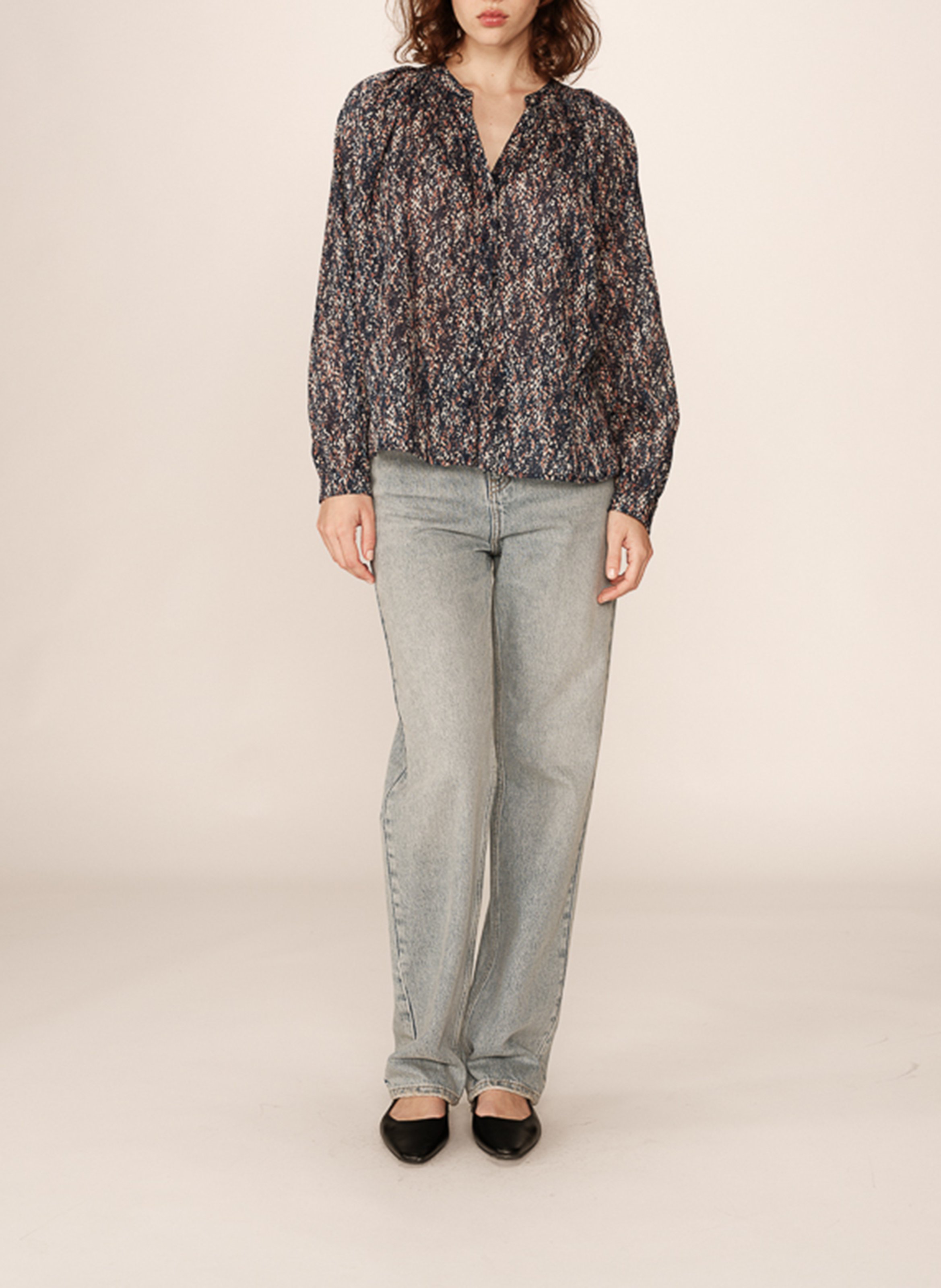 V-neck buttoned patterned blouse Blue