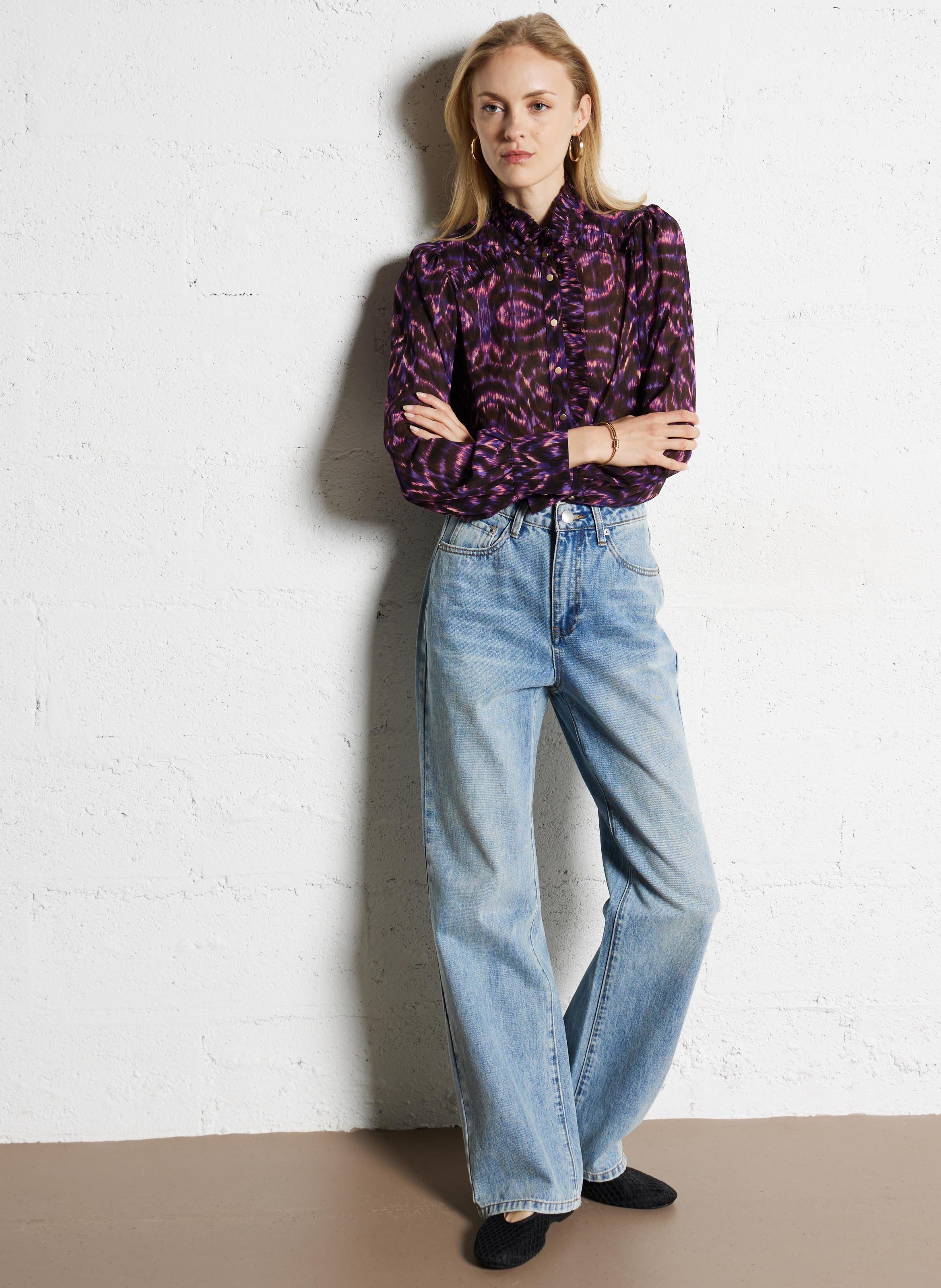 Straight buttoned blouse with patterns SUNCOO Purple