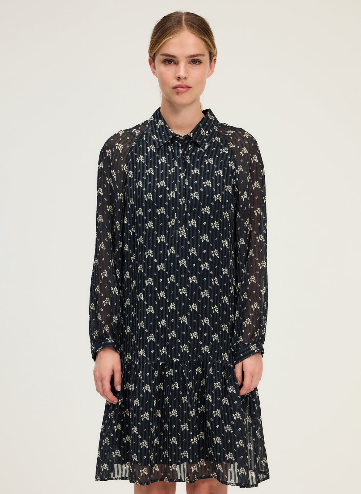 Halflange jurk met klassieke kraag en print PABLO Blauw