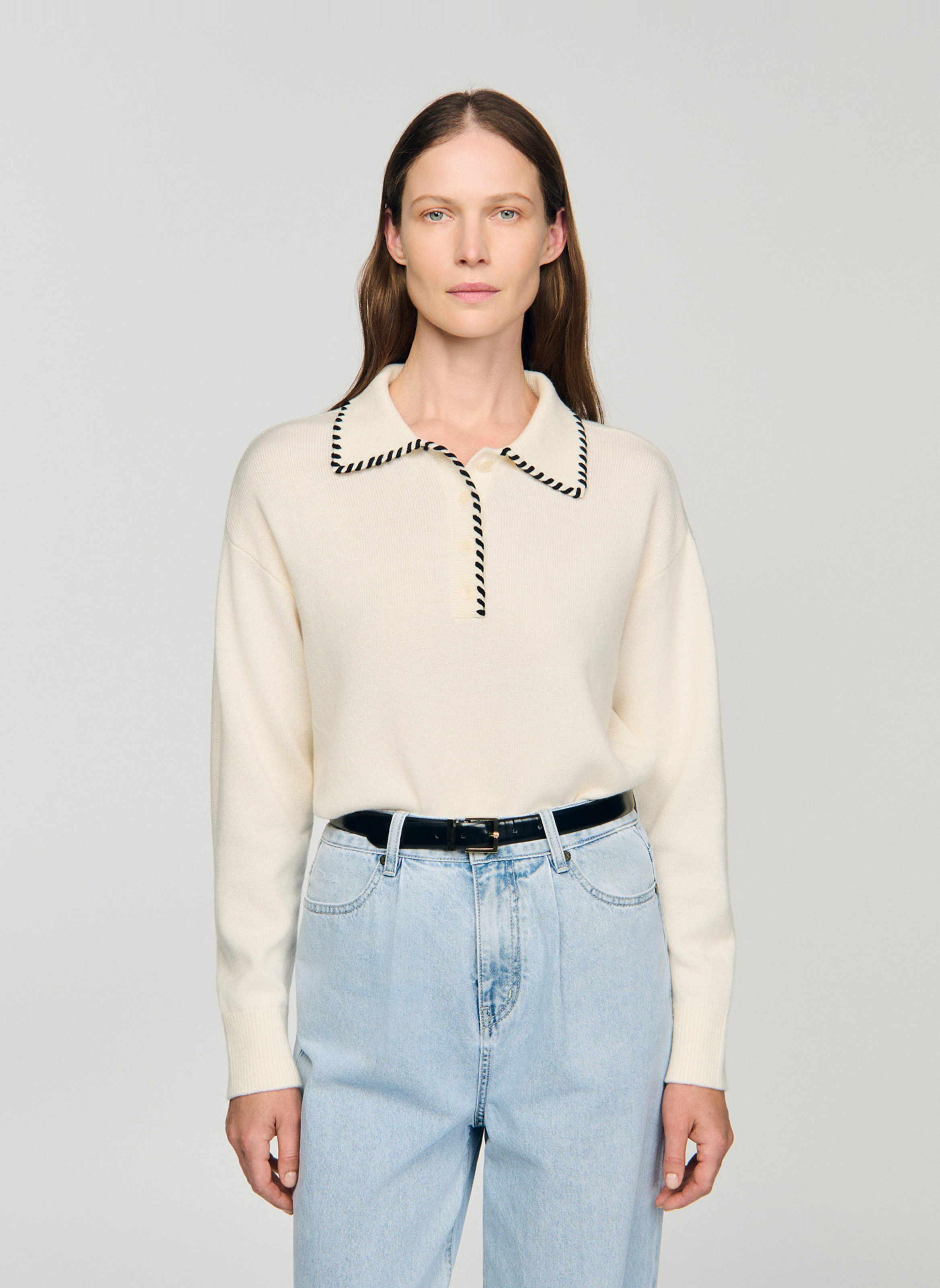 Effen trui van wolmix met lange mouwen en kant SANDRO Wit