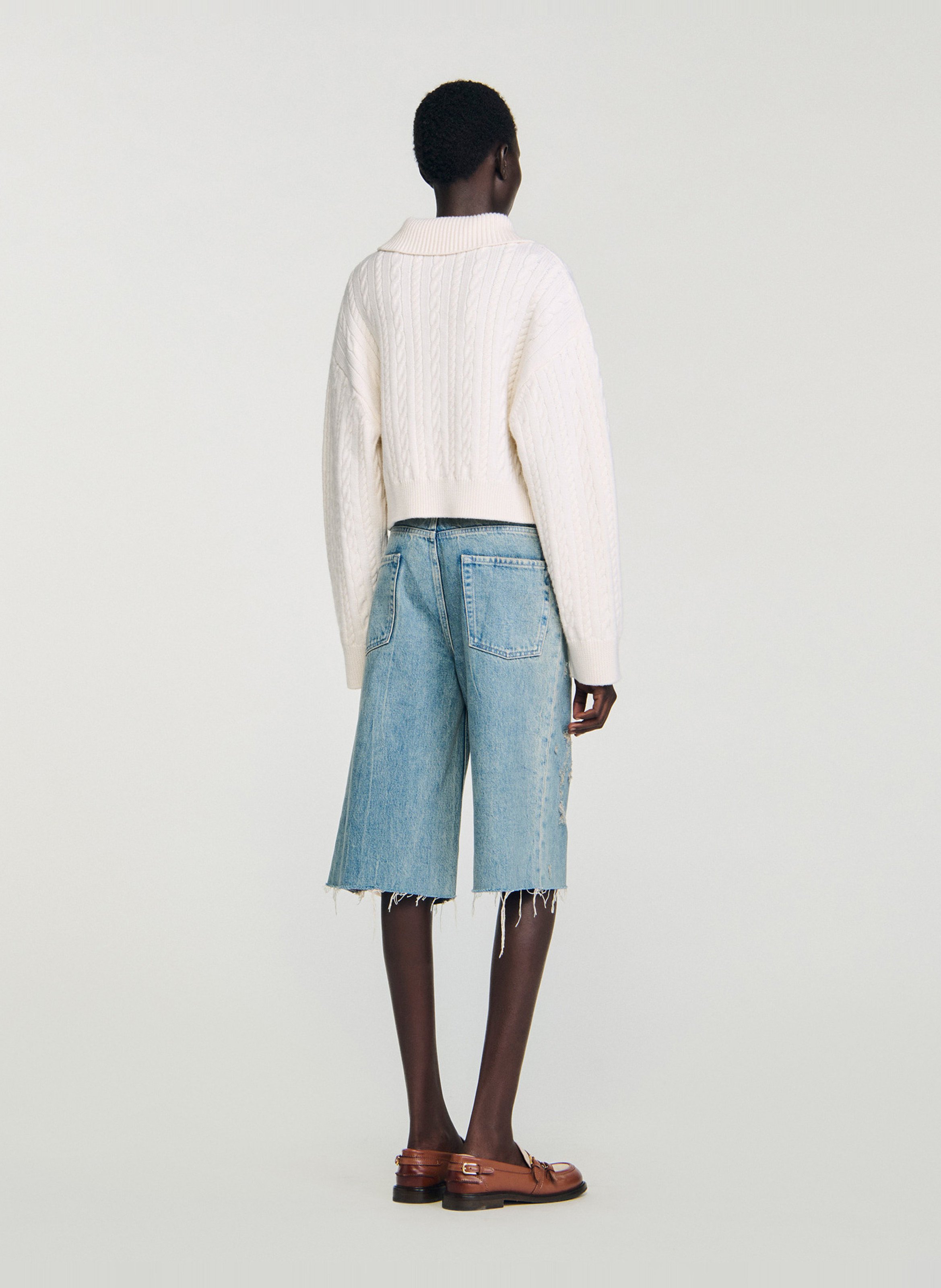 Pull col à revers en maille tressée SANDRO Blanc