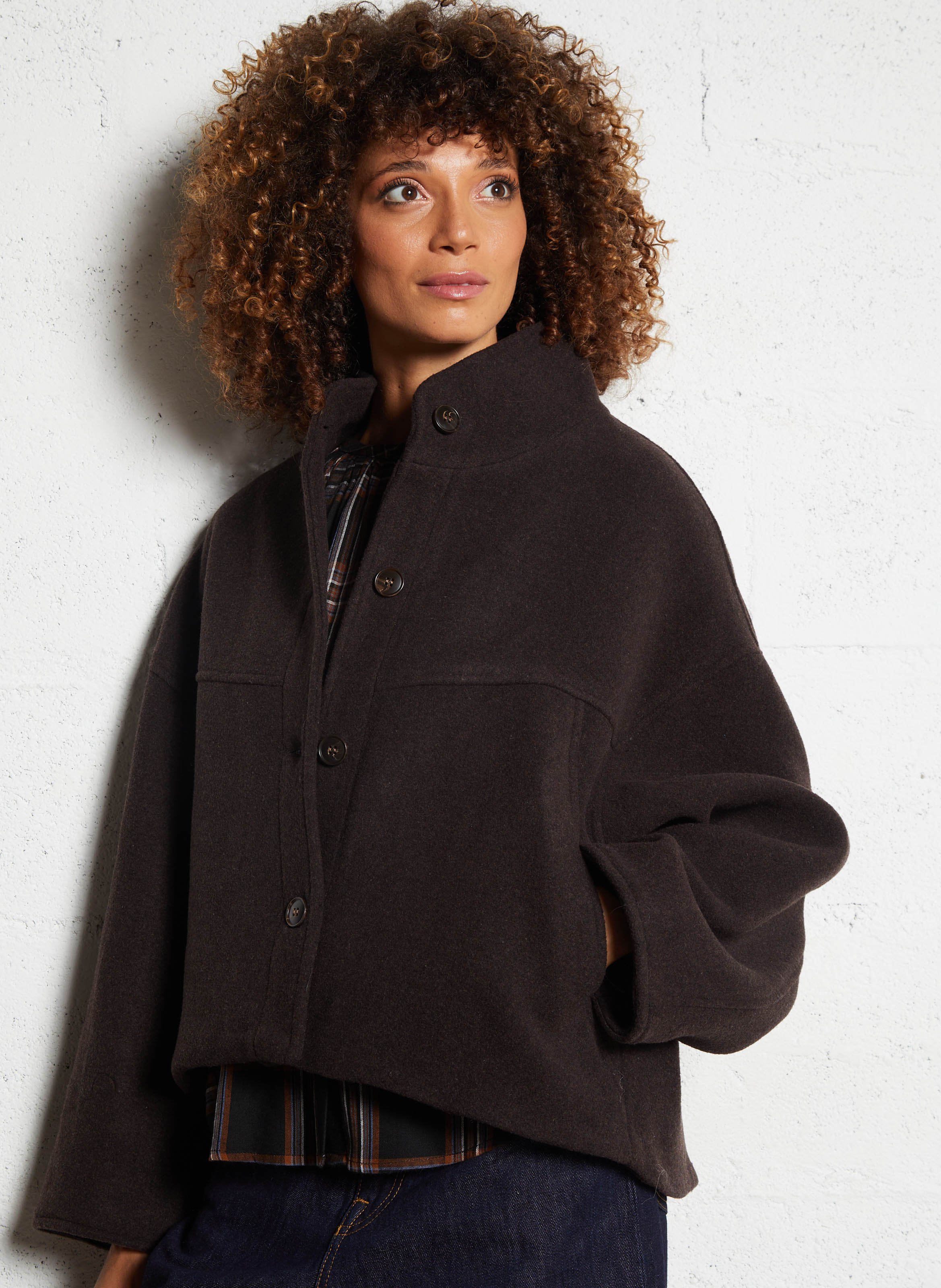Cropped loose-fit wool-blend coat Brown SEE U SOON