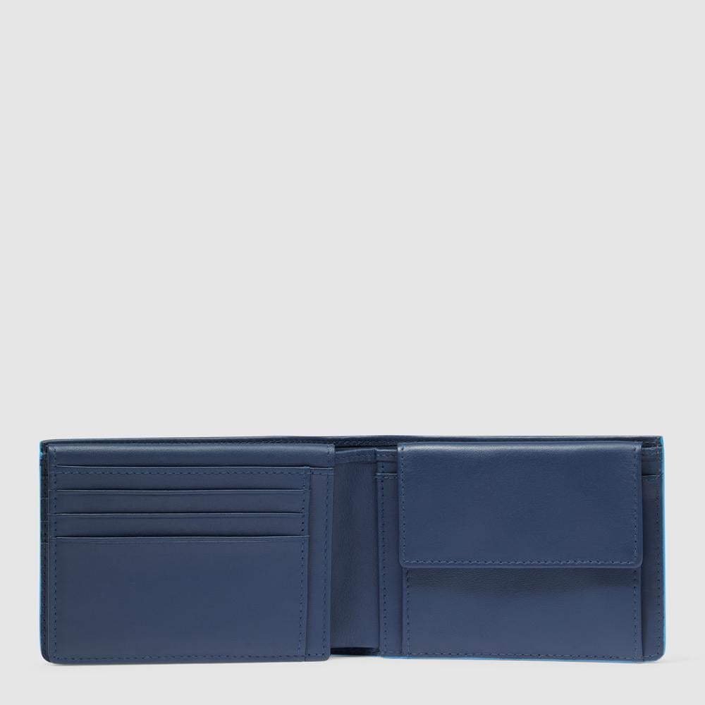 Men's wallet with ID card holder flap, coin pocket, credit card slots, and RFID protection PIQUADRO Blue