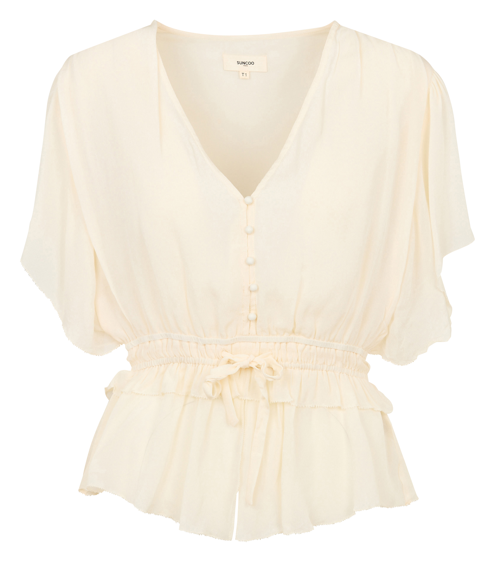 Bluse mit V-Ausschnitt und kurzen, fließenden Ärmeln SUNCOO Weiss