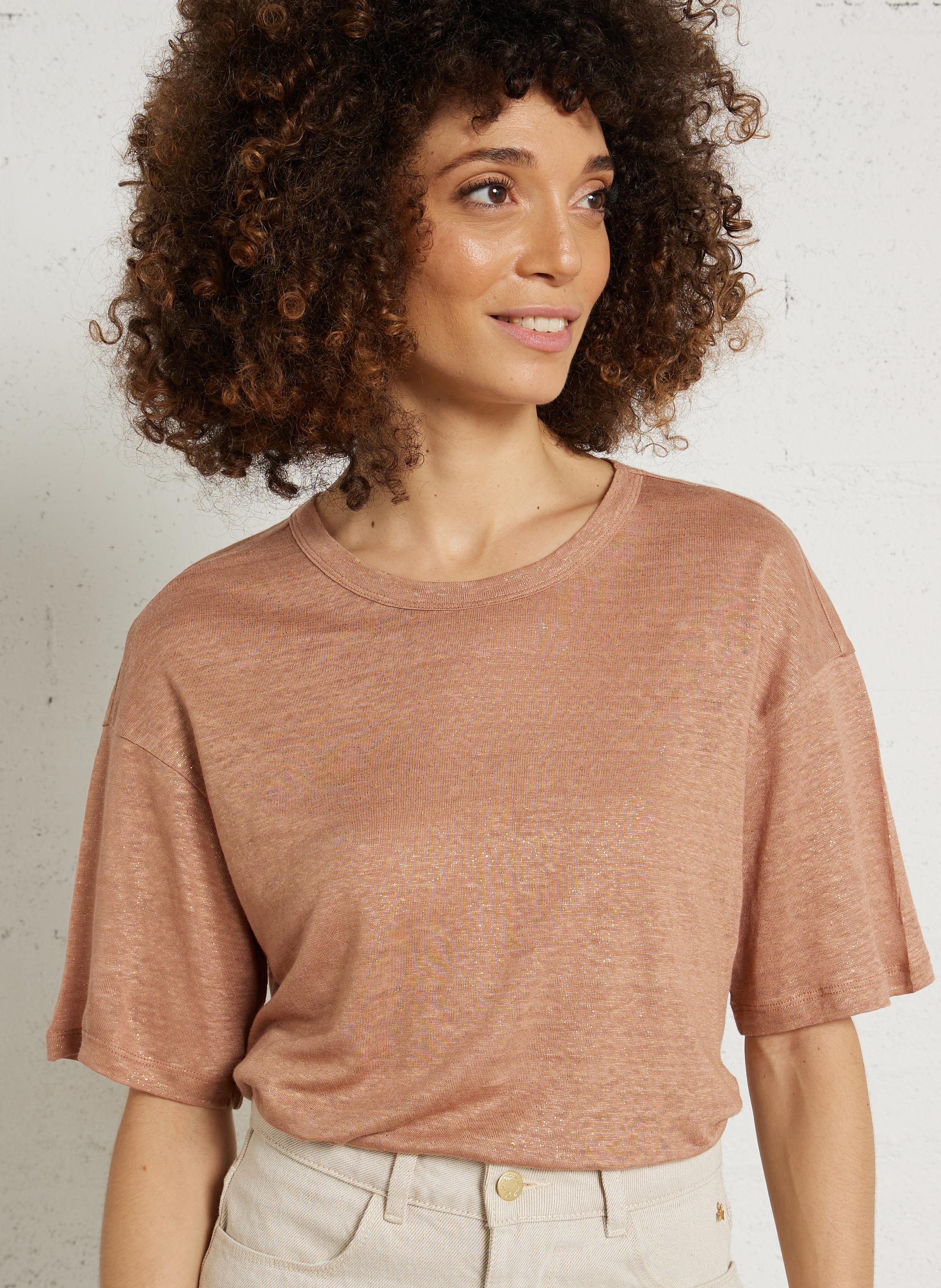 T-shirt met ronde hals en pailletten in linnen DES PETITS HAUTS