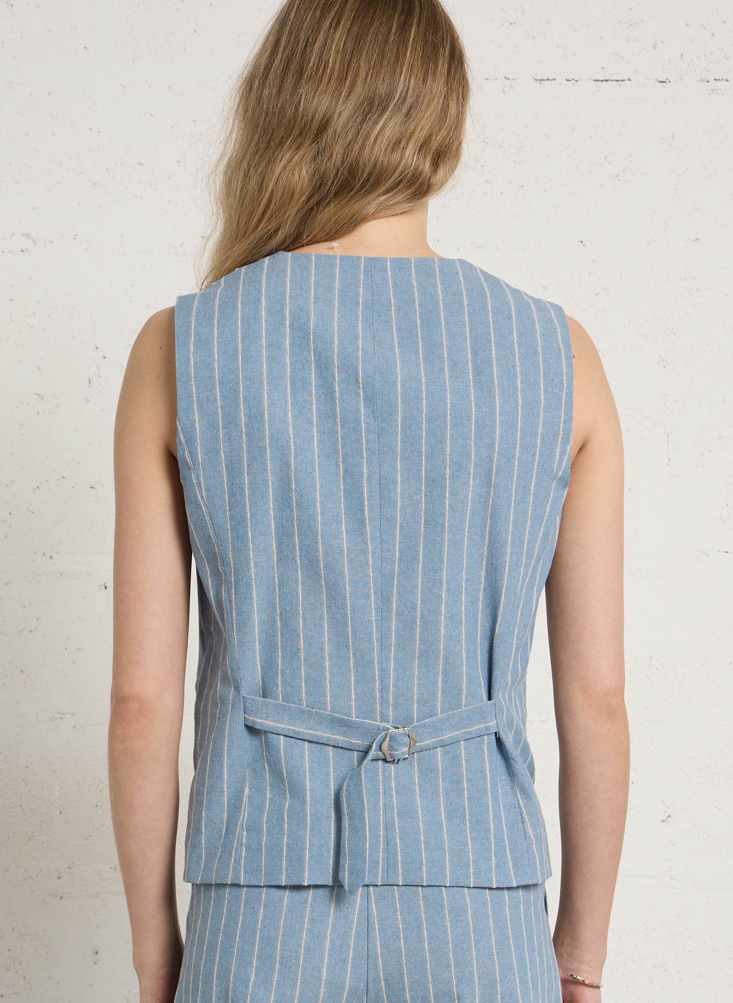 Gilet droit en coton et lin rayé THE KORNER Bleu