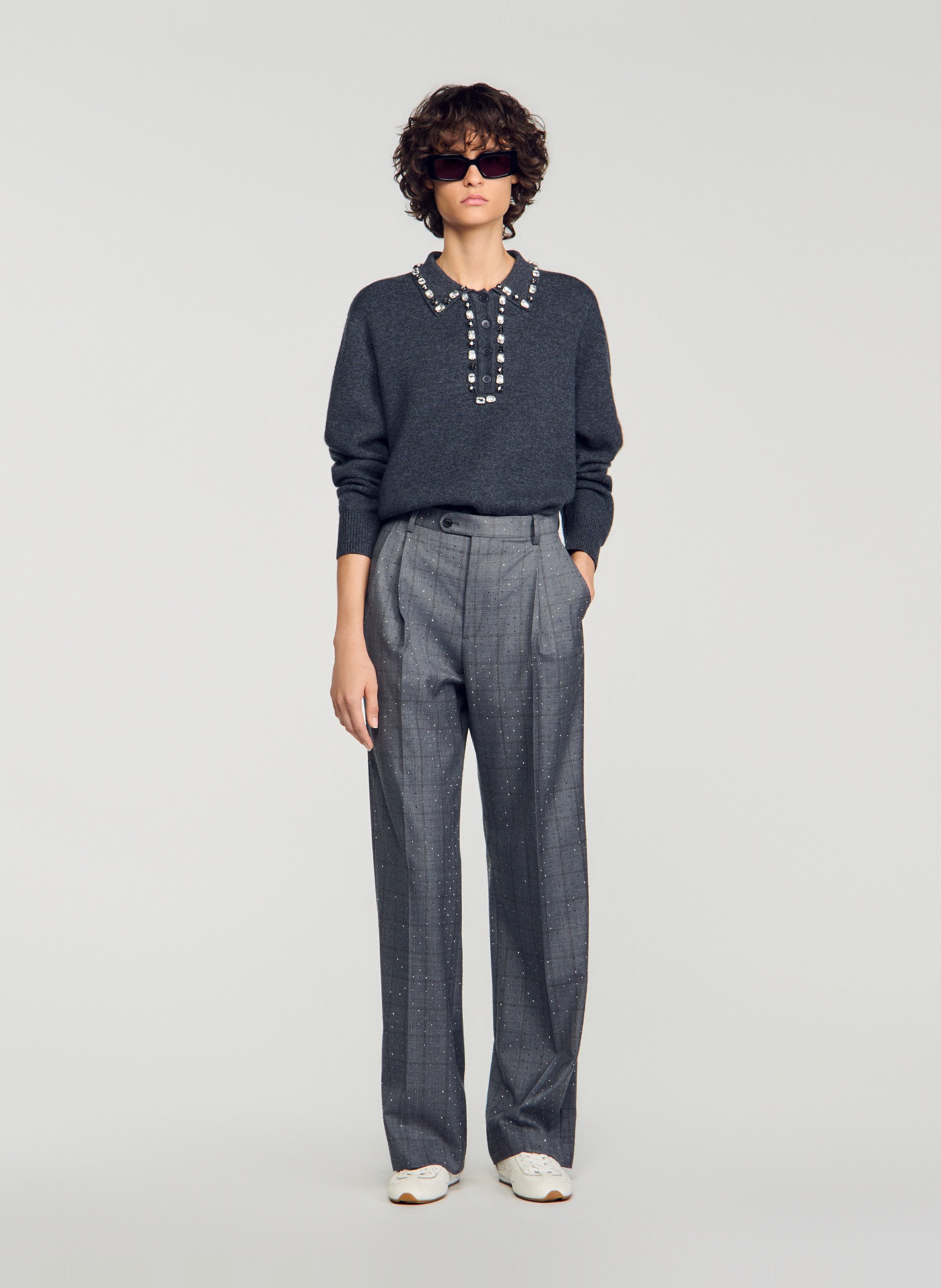 Pull droit col polo en laine mélangée SANDRO Gris