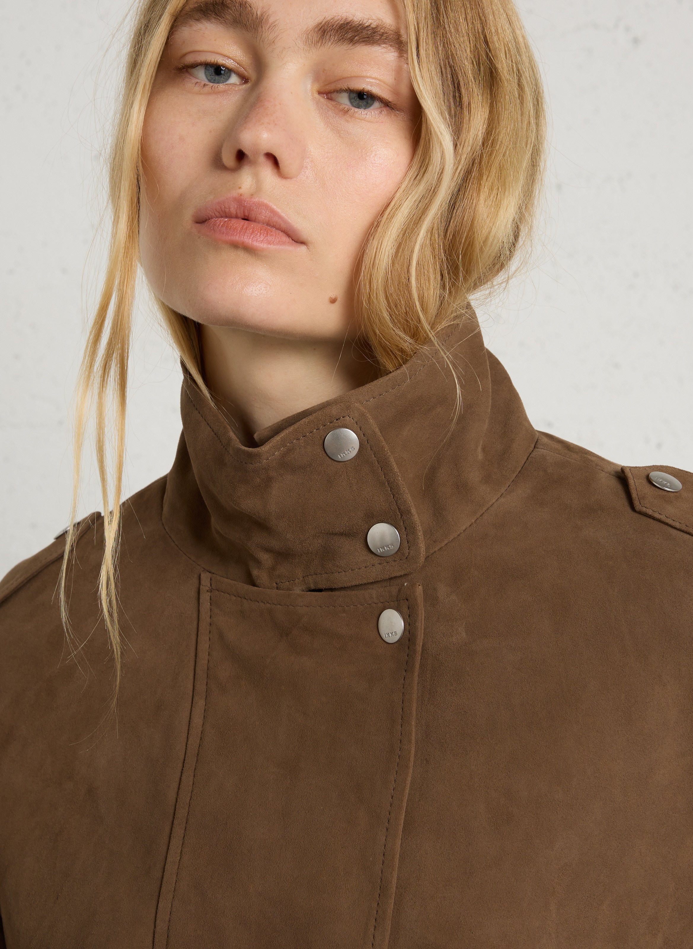 Blouson droit col montant en cuir IKKS Marron