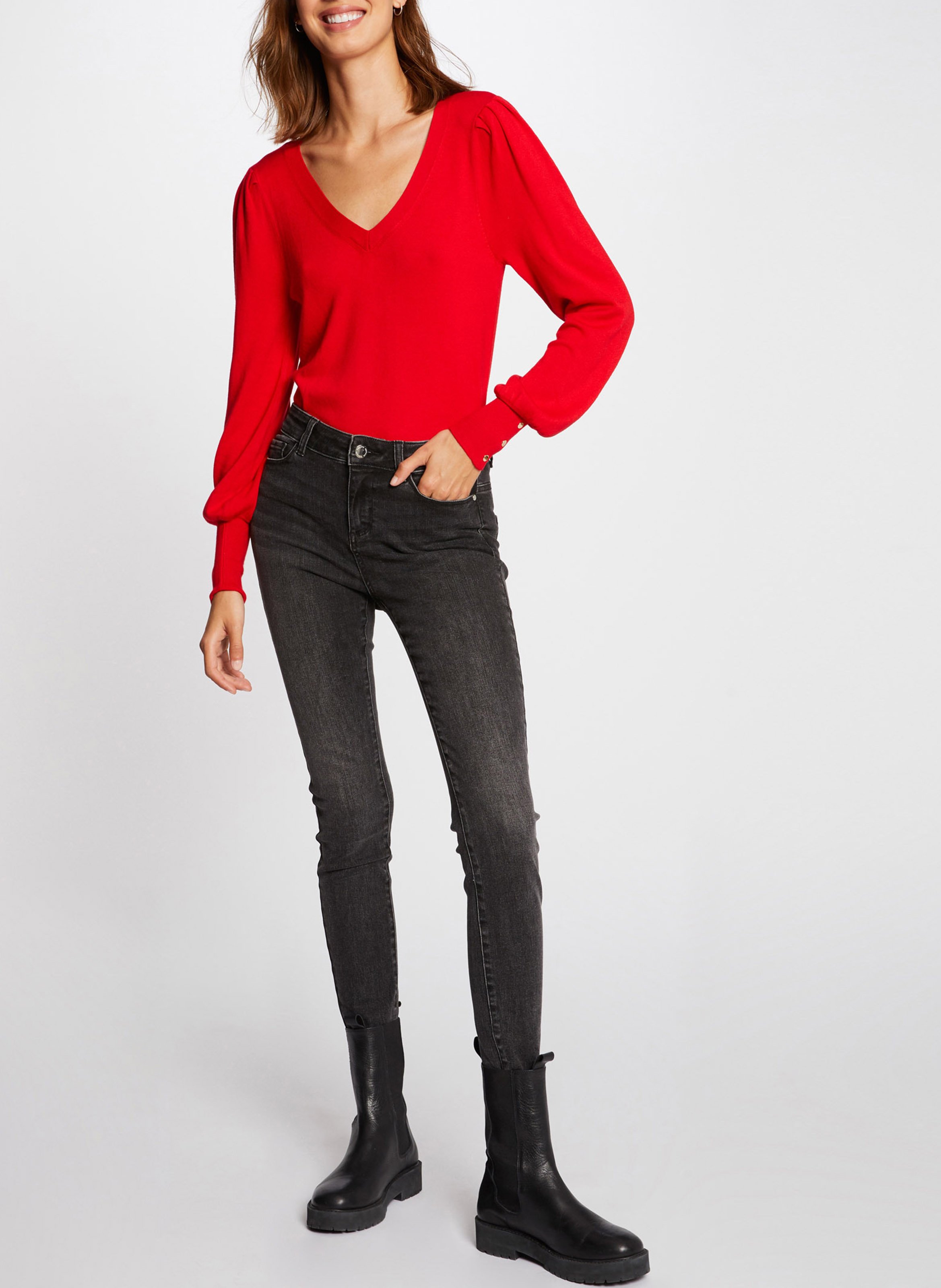 Pull col V en maille mélangée MORGAN Rouge