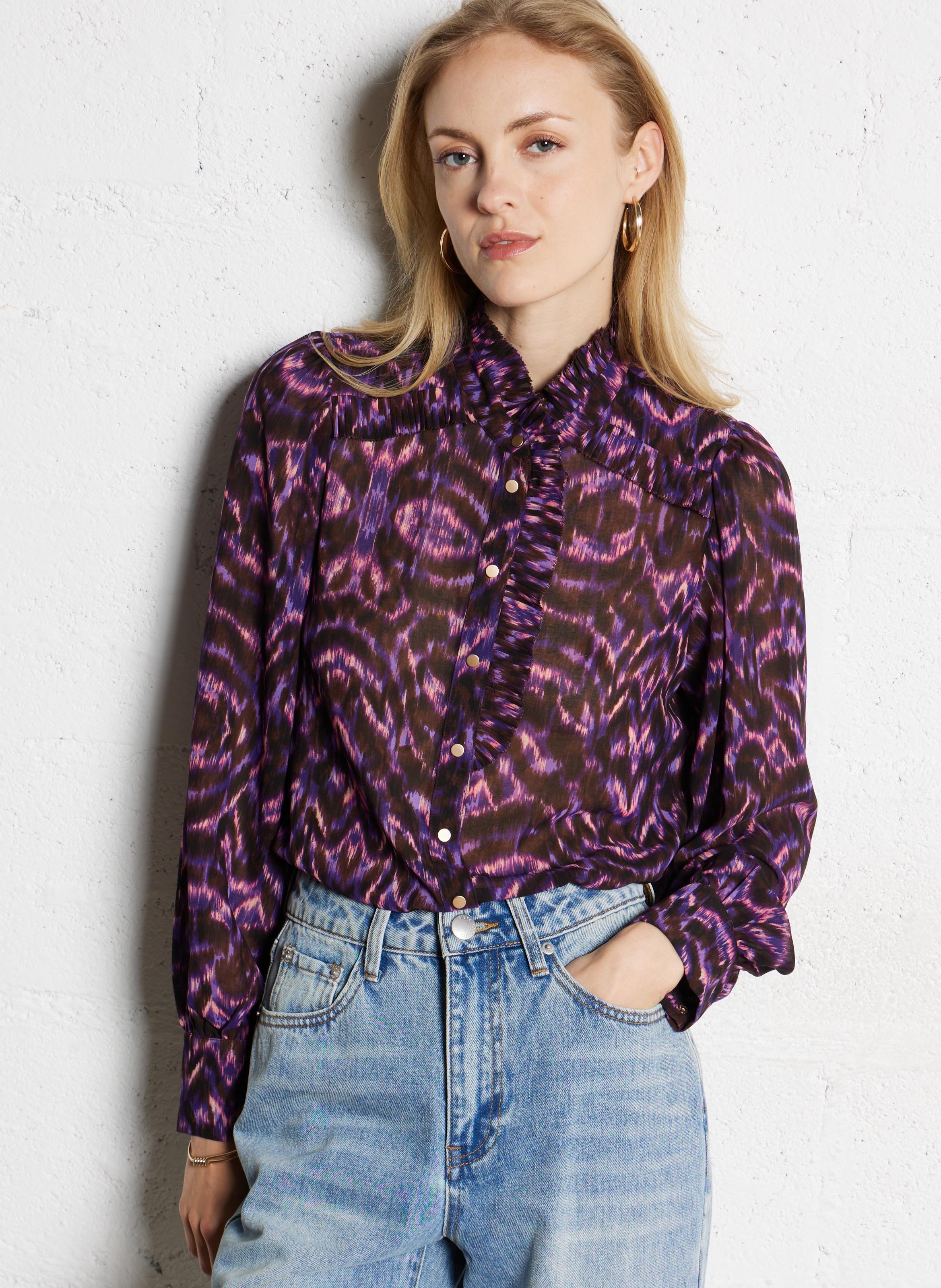 Straight buttoned blouse with patterns SUNCOO Purple