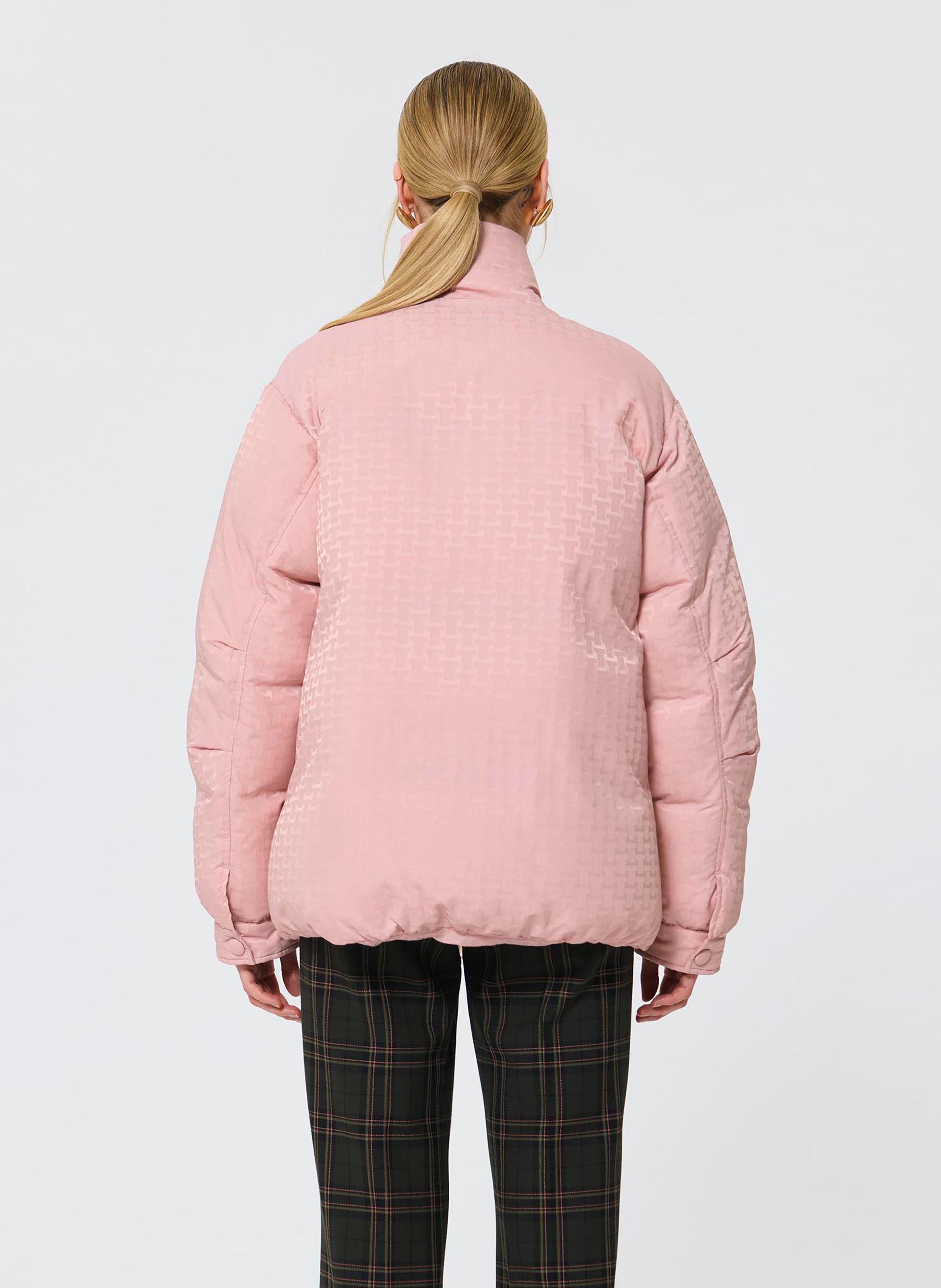 High-neck quilted jacket with panels Beige