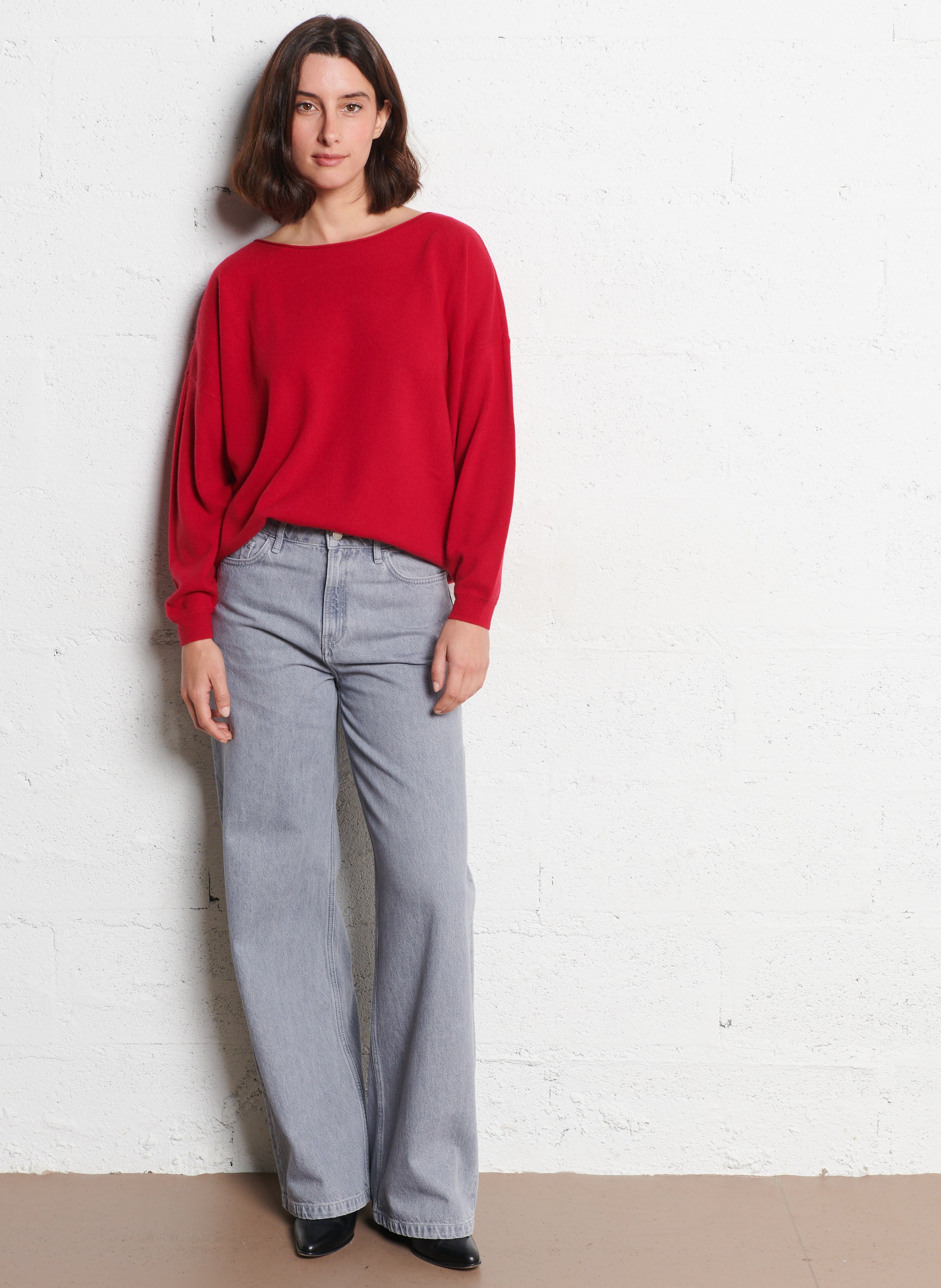Pull col bateau roulotté uni en laine DES PETITS HAUTS Rouge