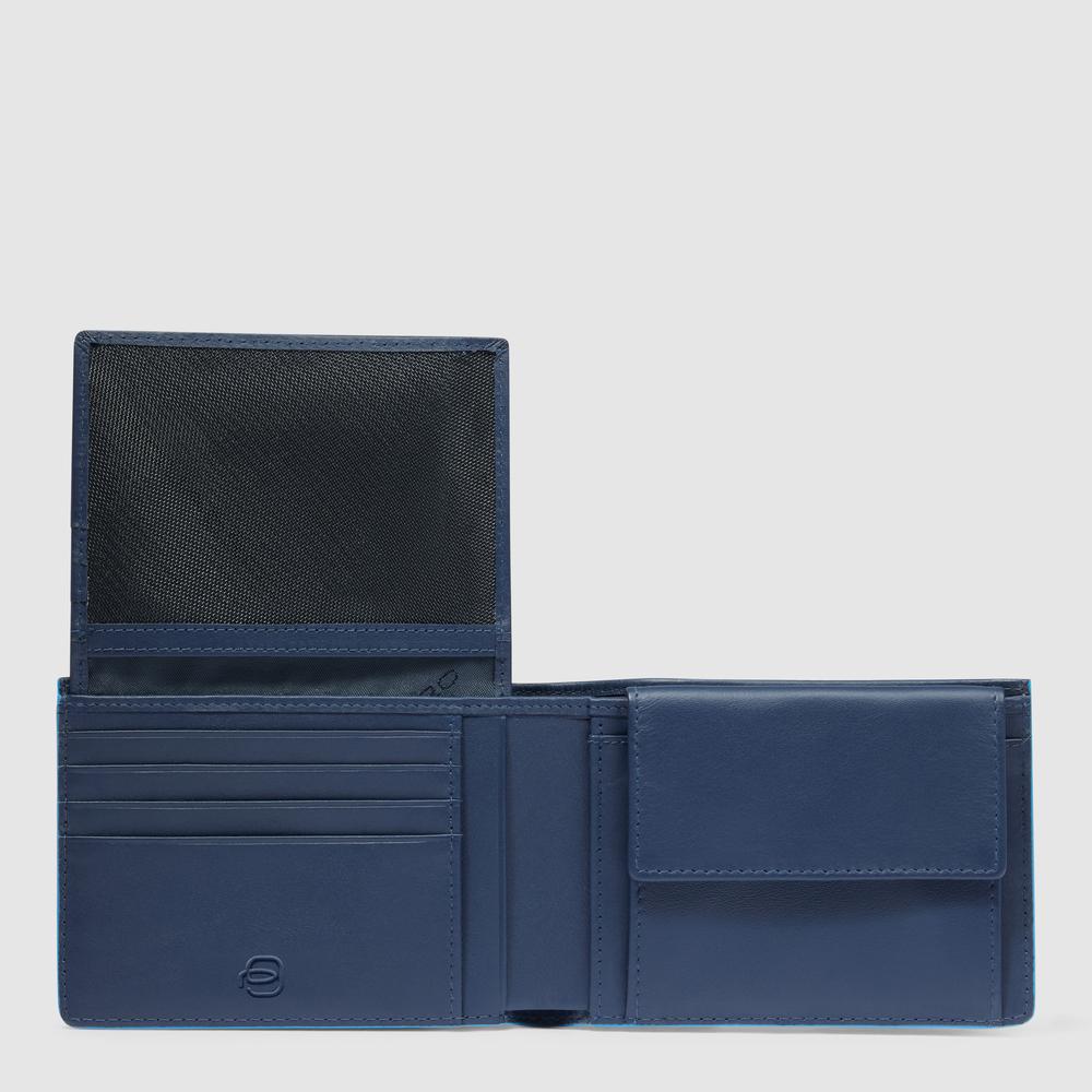 Men's wallet with ID card holder flap, coin pocket, credit card slots, and RFID protection PIQUADRO Blue