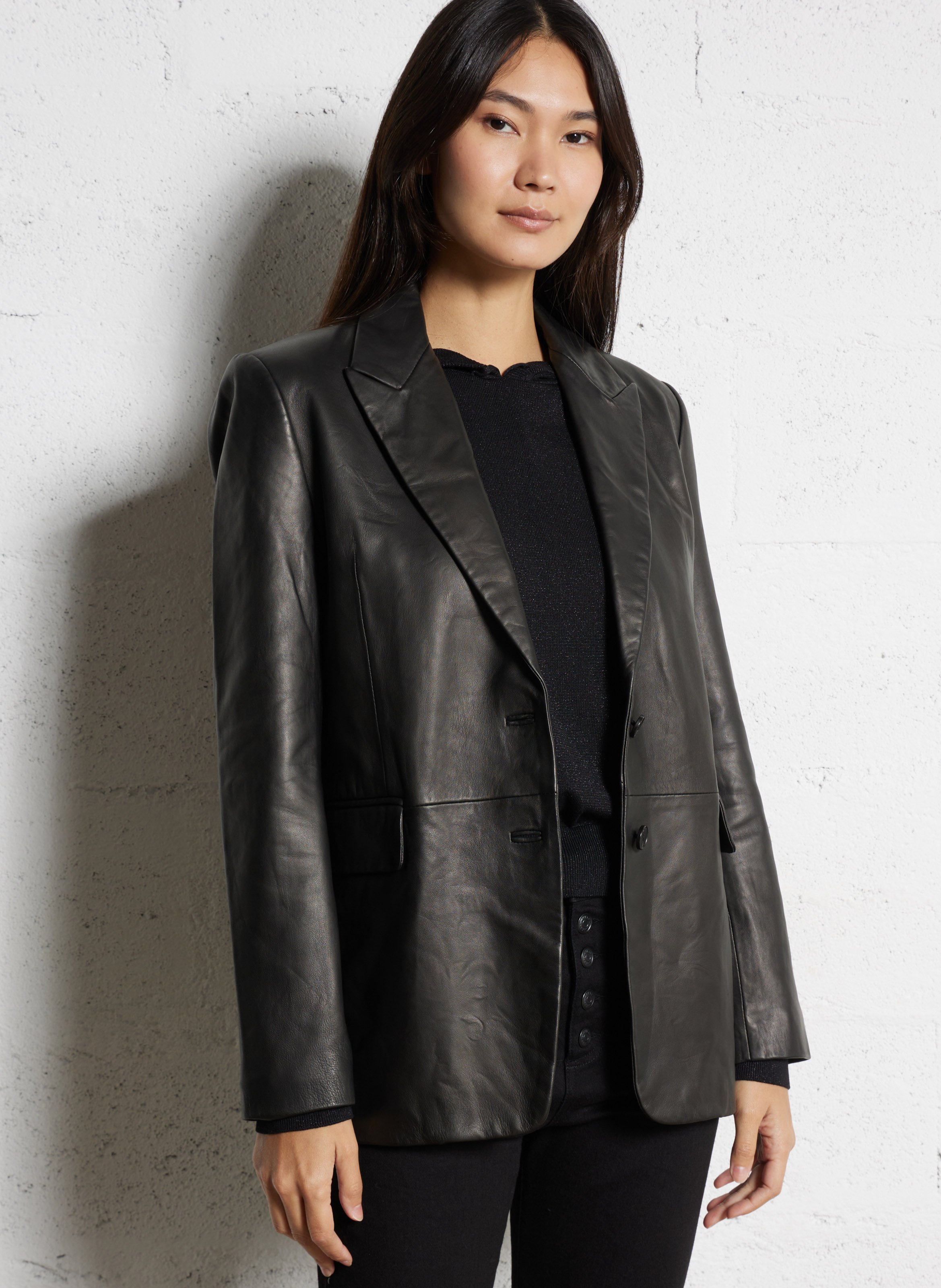 Gerade Leder-Blazerjacke IKKS Schwarz