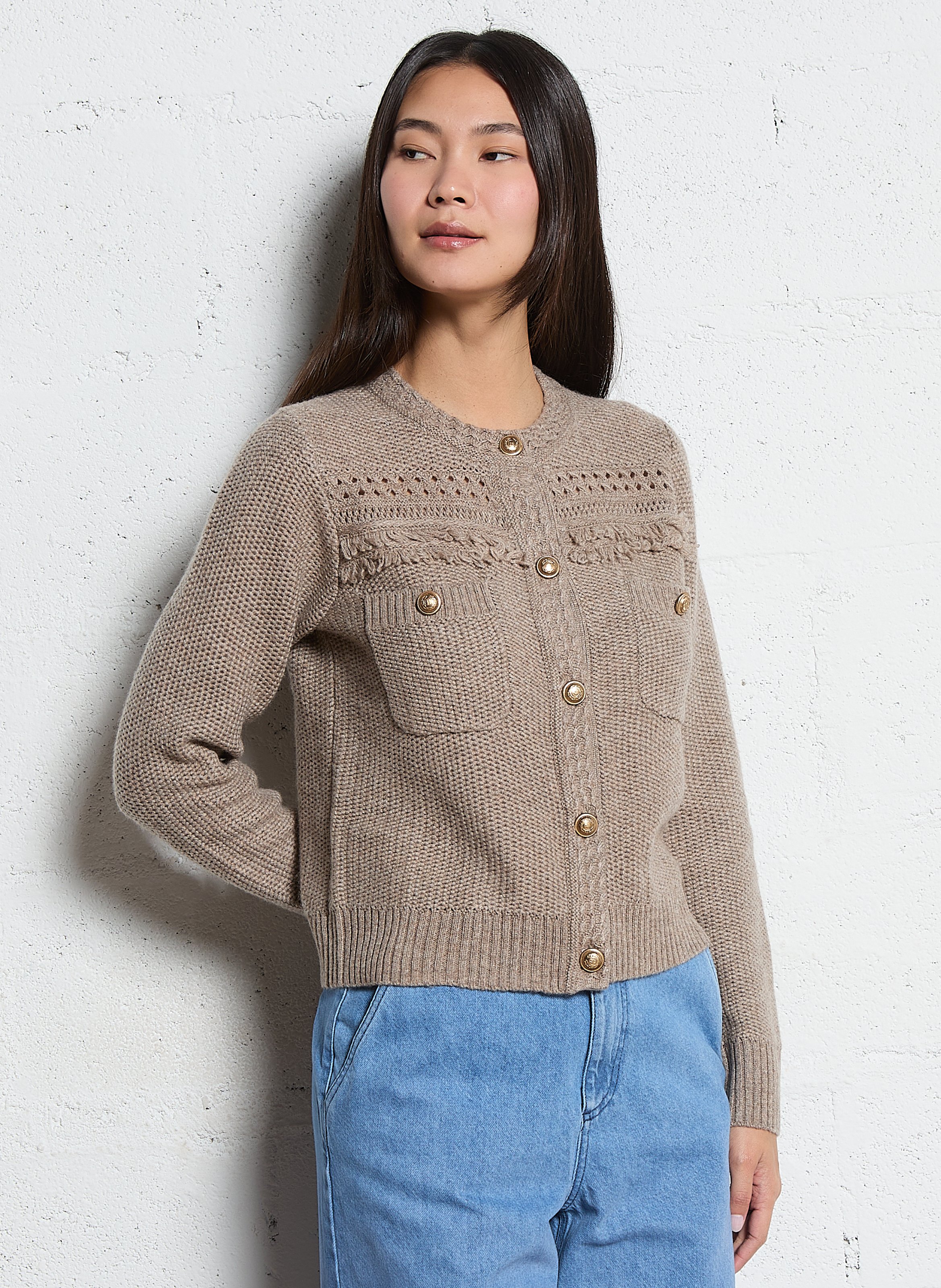 Short fitted cardigan in fancy knit IKKS Beige