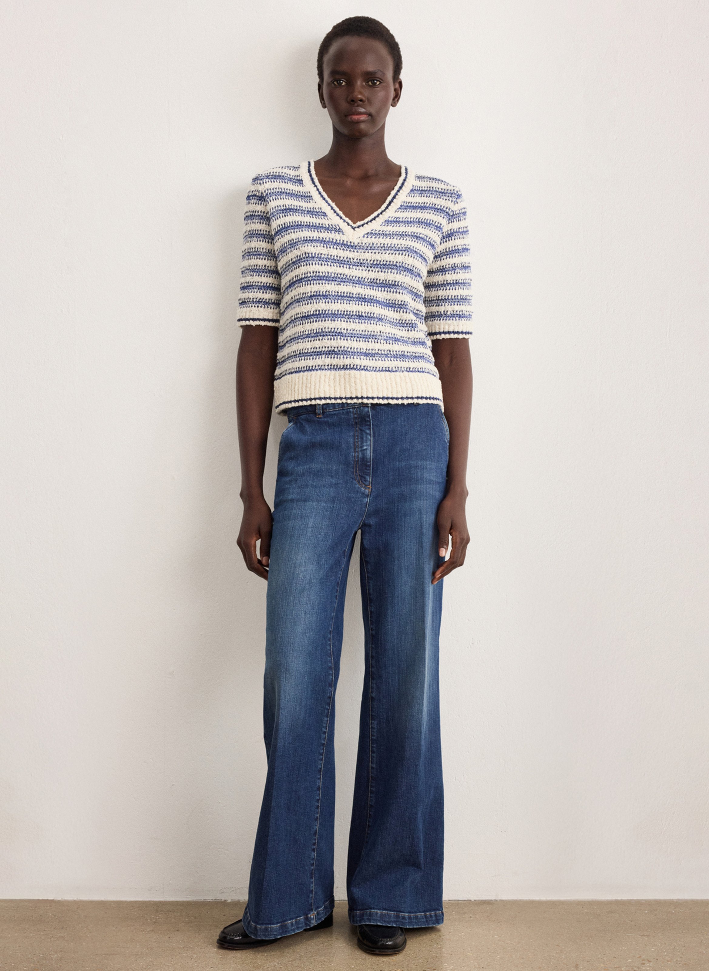 Pull droit col V en coton mélangé PABLO Bleu