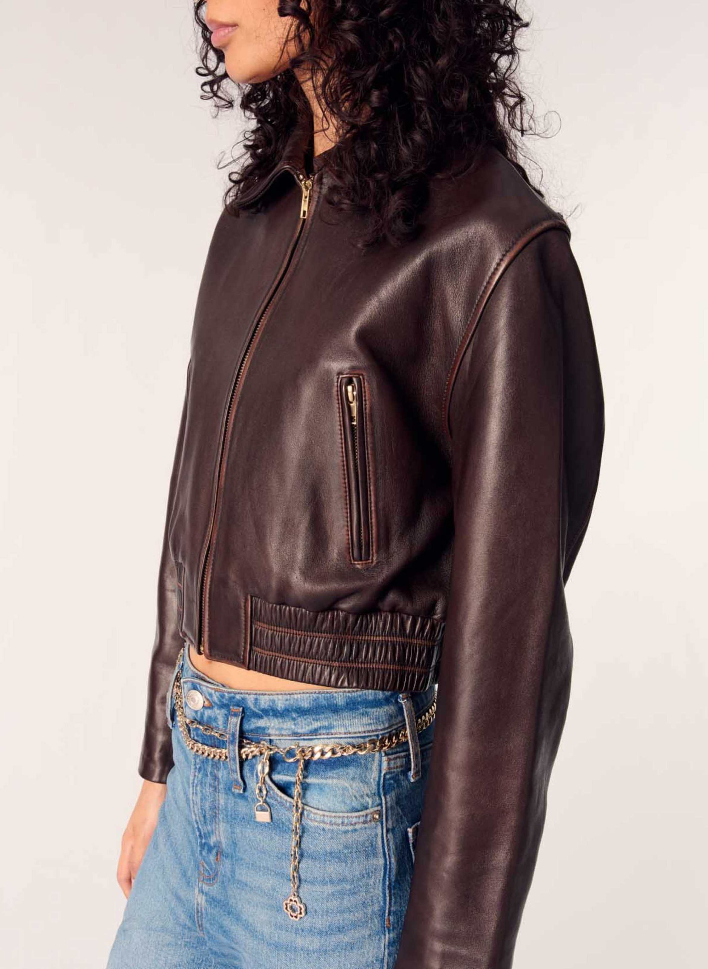 Cactus short zipped leather jacket MAJE Brown