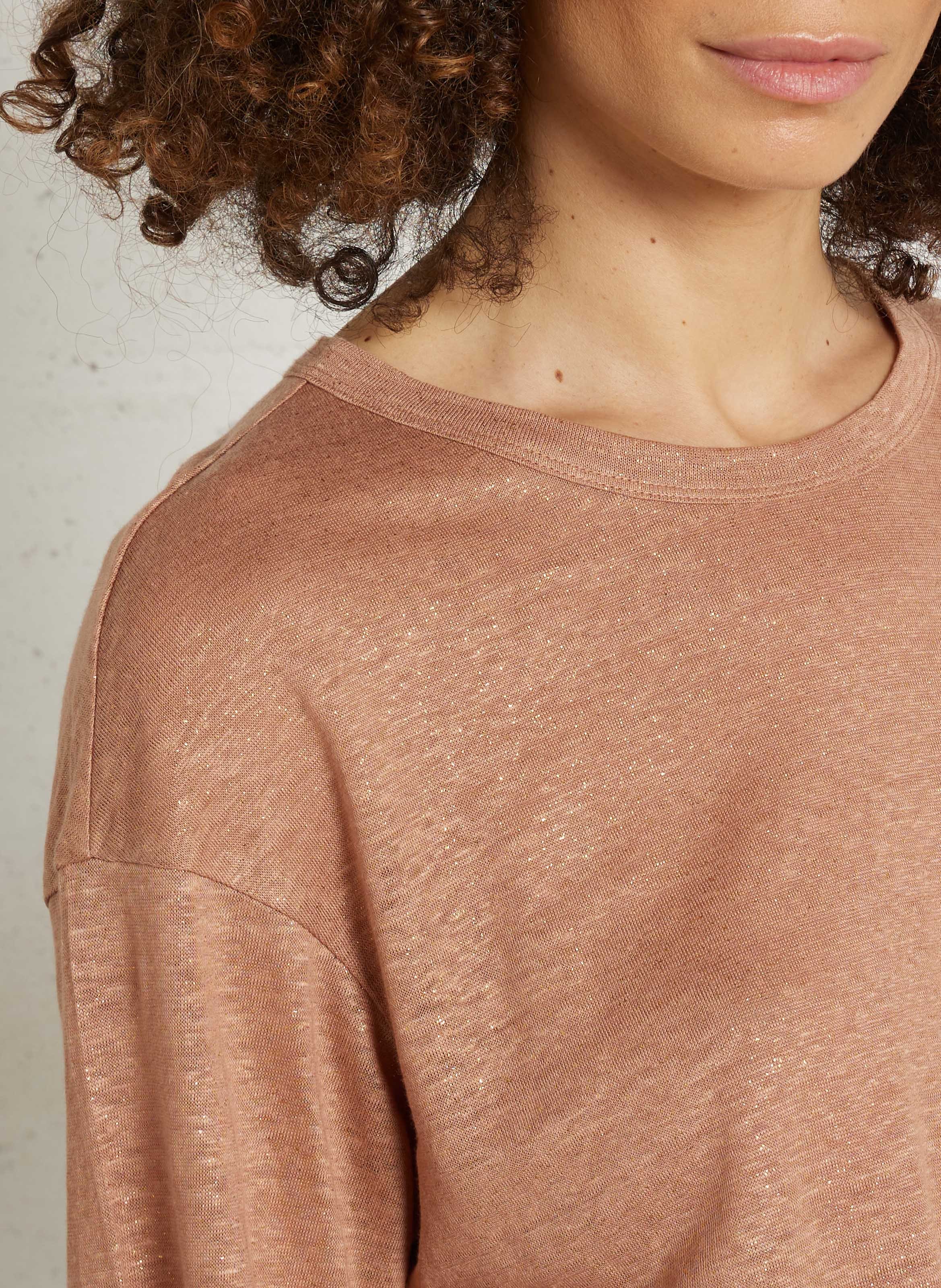 T-shirt met ronde hals en pailletten in linnen Bruin