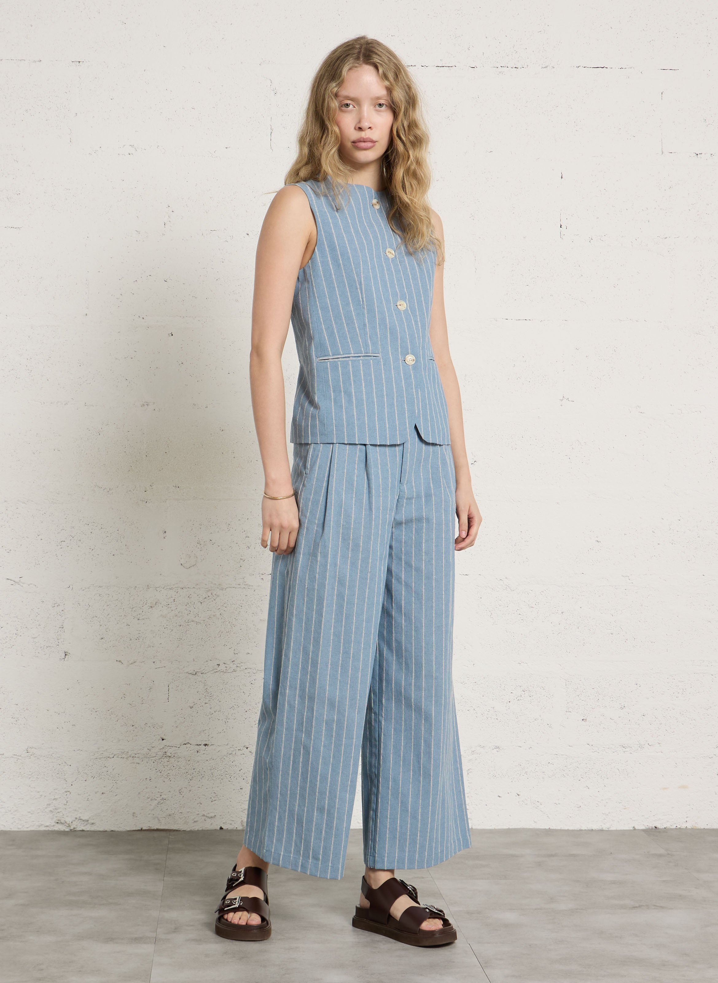 Pantalon large taille haute en coton et lin THE KORNER Bleu