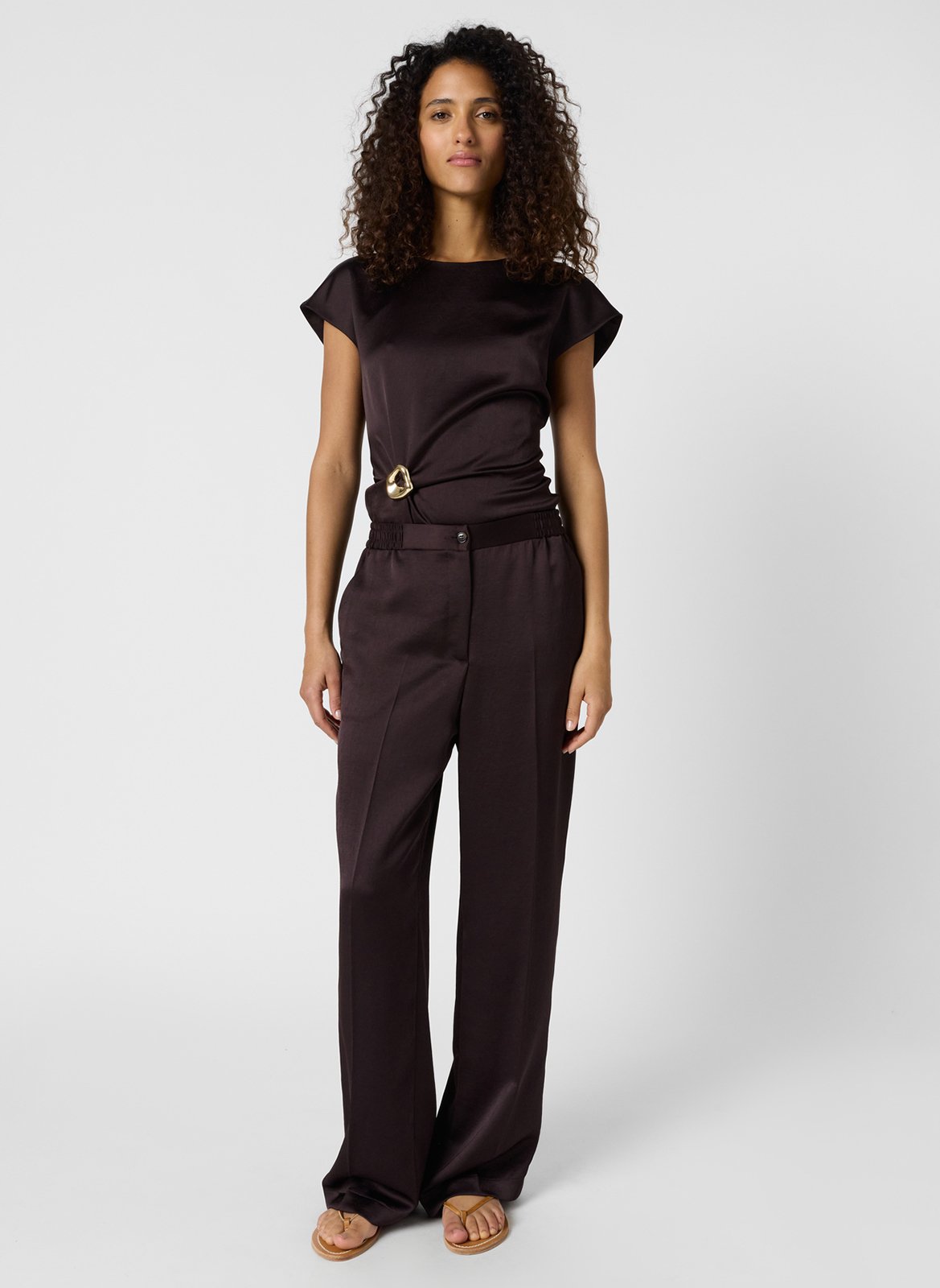 Pantalon droit taille haute en satin uni GERARD DAREL Marron