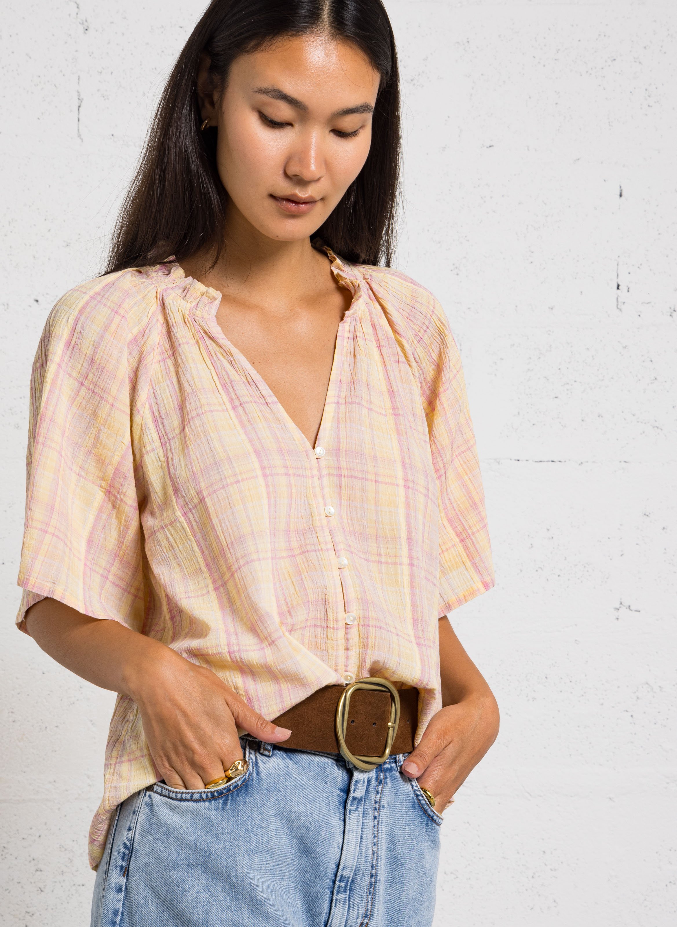 Chemise oversize col rond en coton imprimé MAISON 123 Beige
