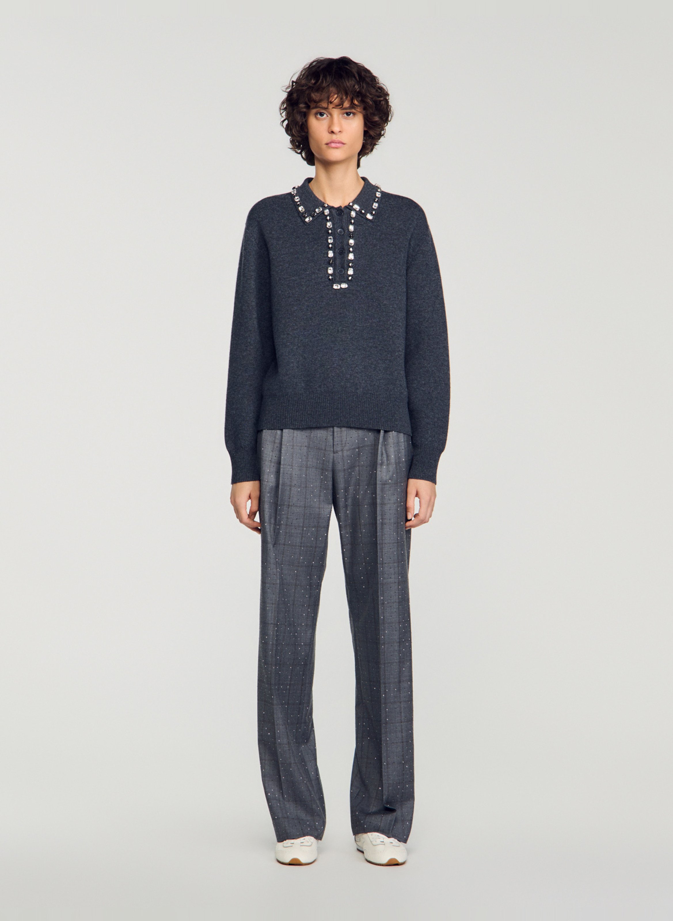 Pull droit col polo en laine mélangée SANDRO Gris