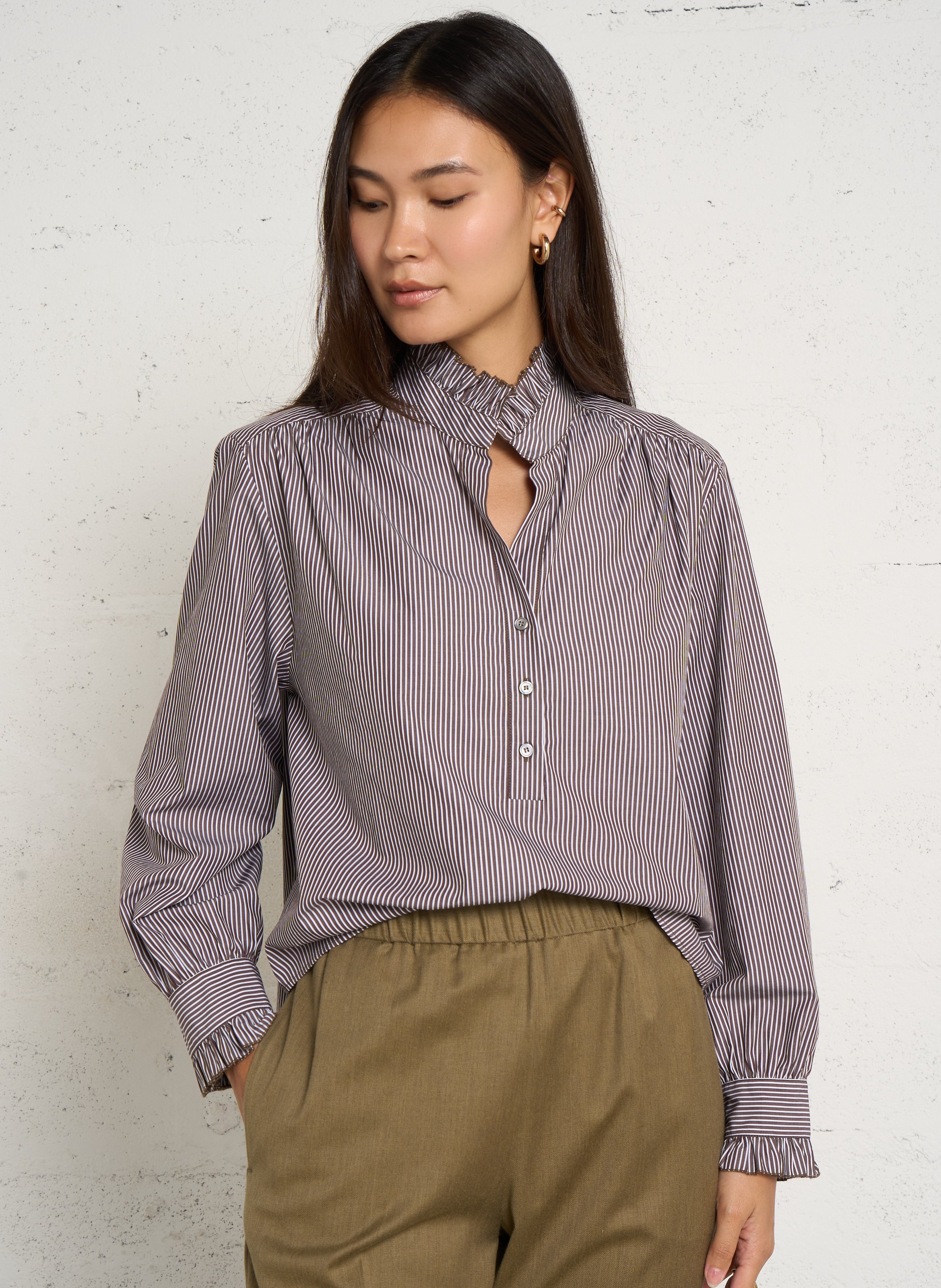 Blouse droite col rond en coton rayé POMANDERE Marron