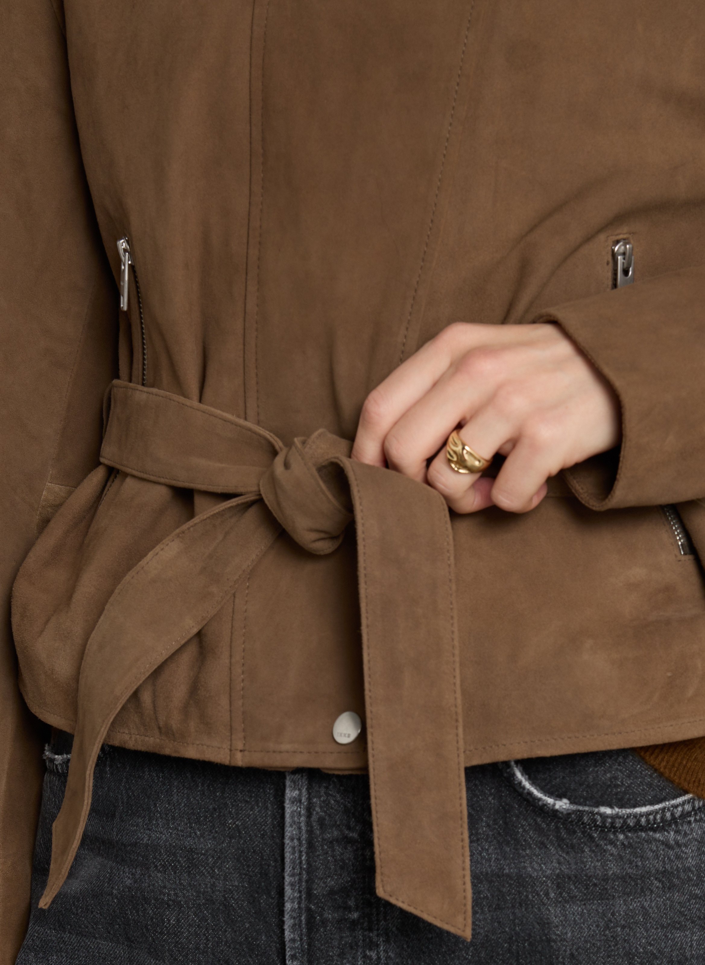Blouson droit col montant en cuir IKKS Marron