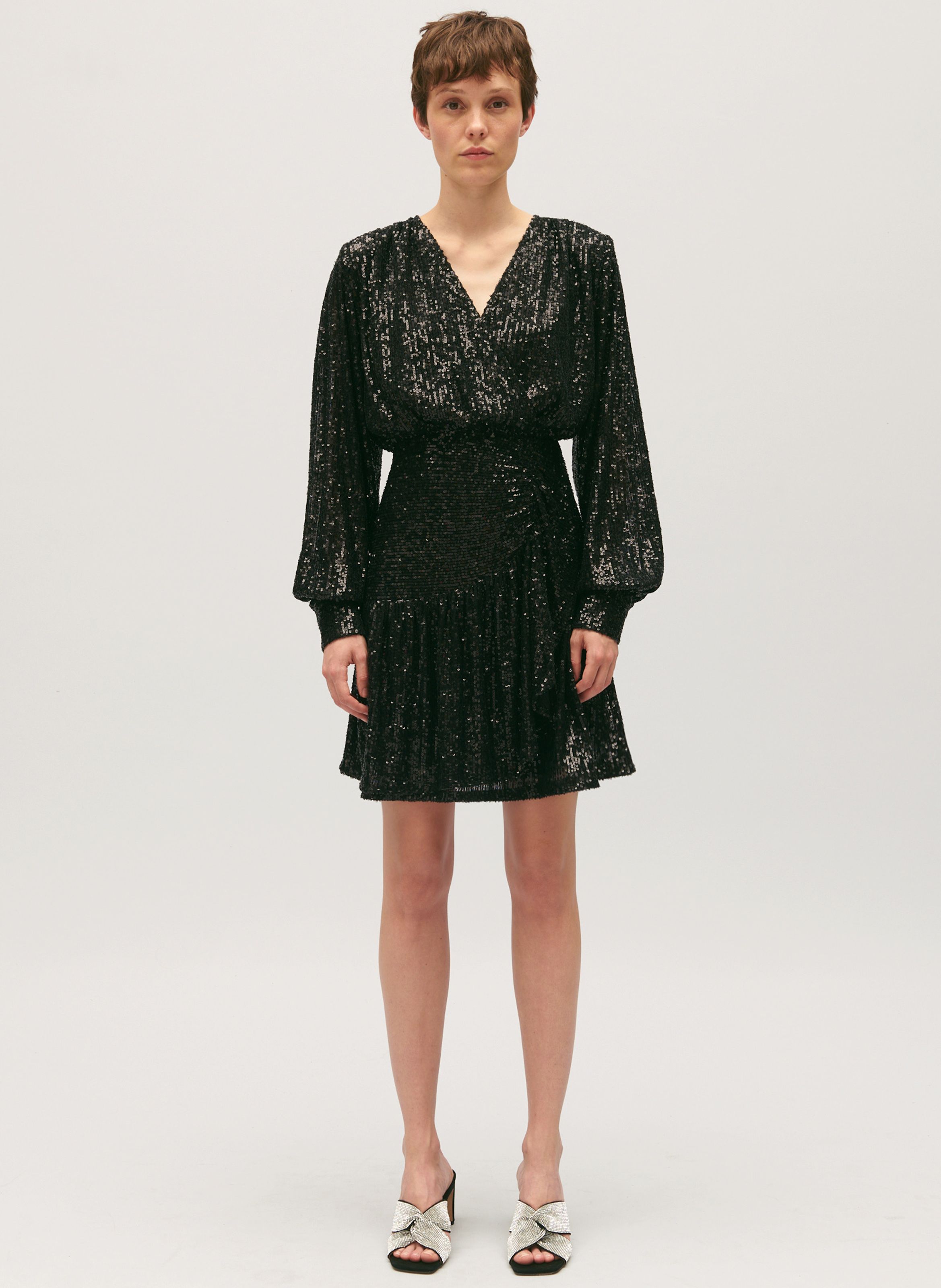 Black Short sequin embroidered V neck dress