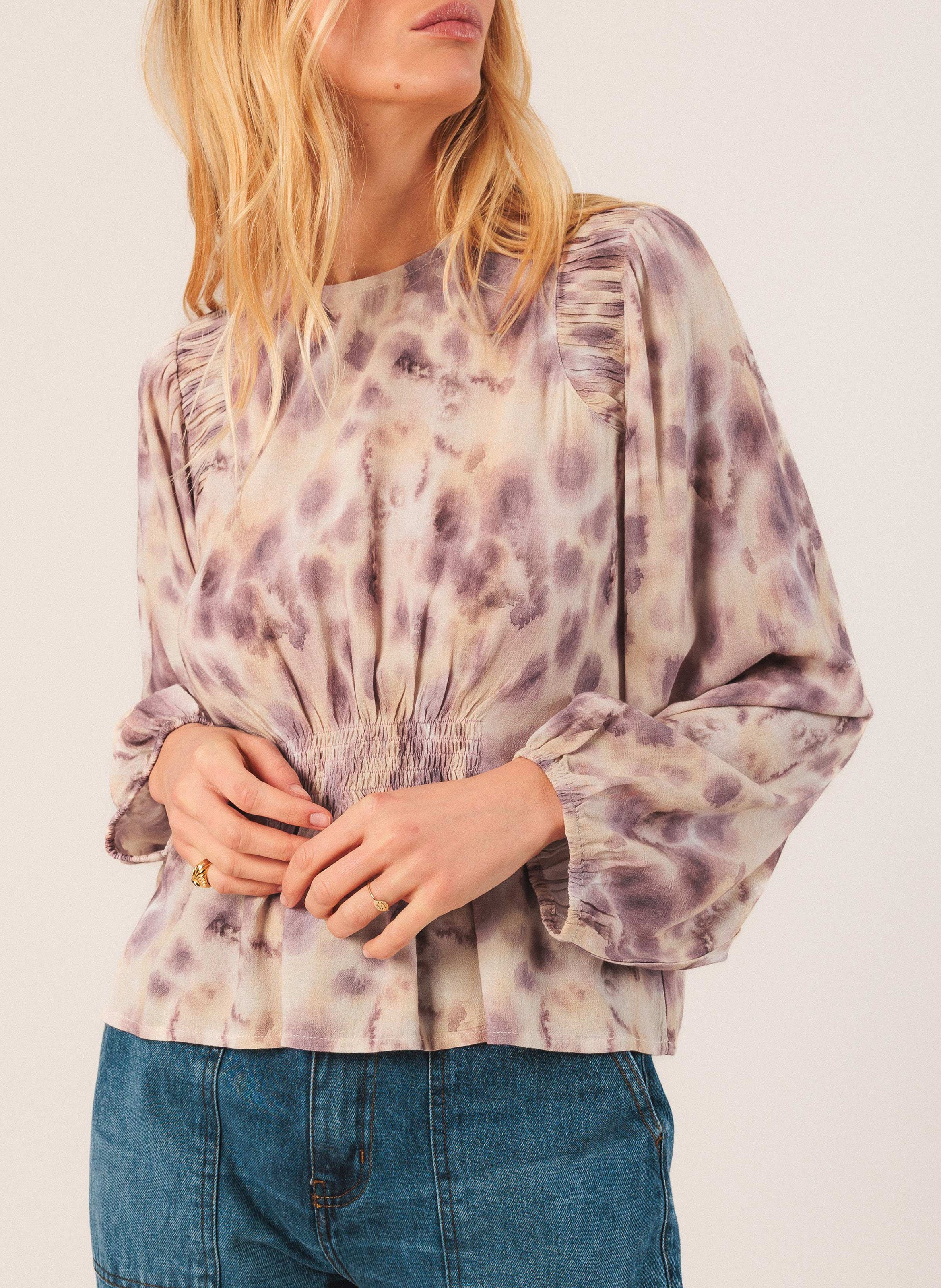 Fitted round neck top with print INDI &amp; COLD Purple