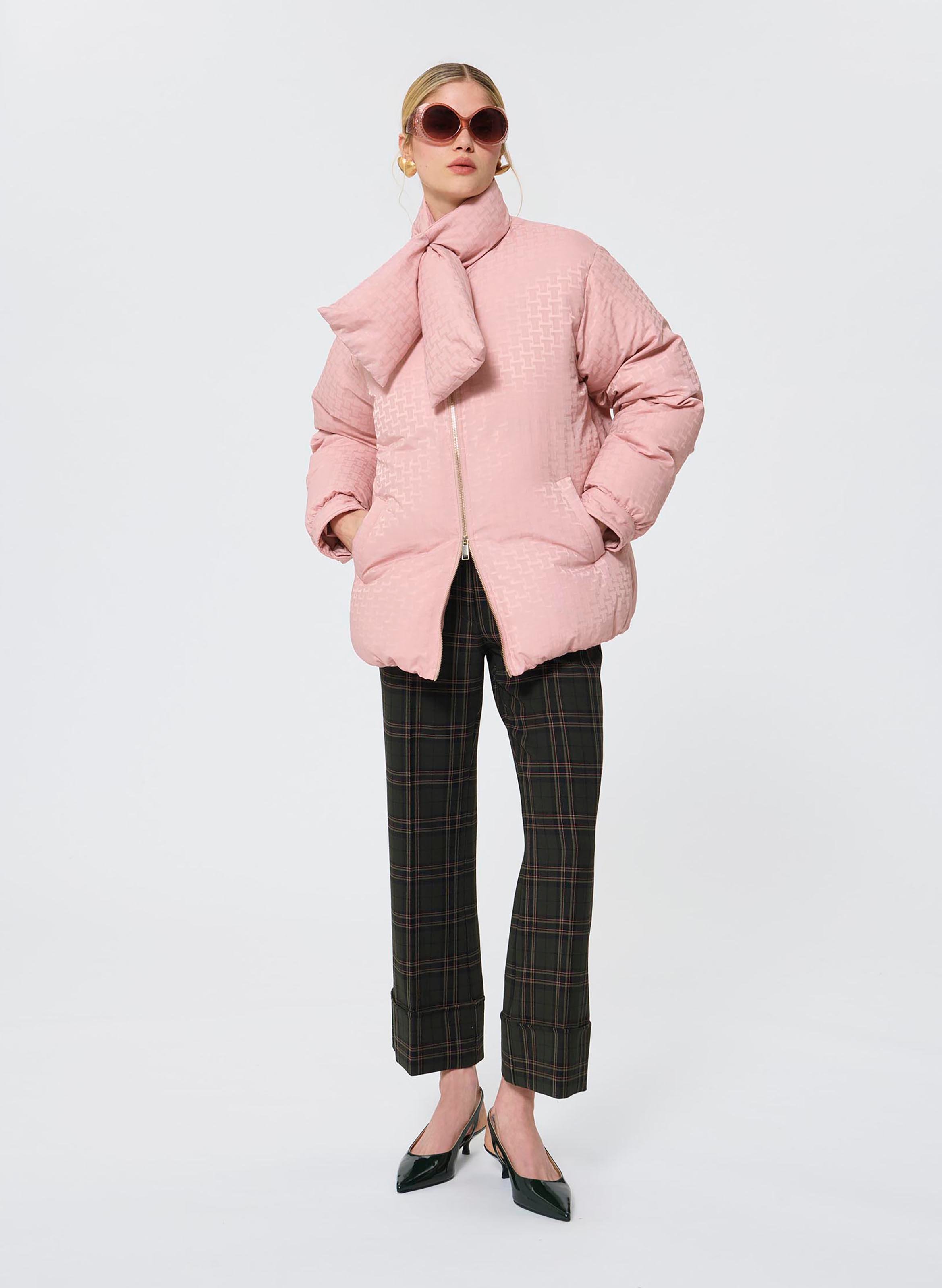 High-neck quilted jacket with panels Beige