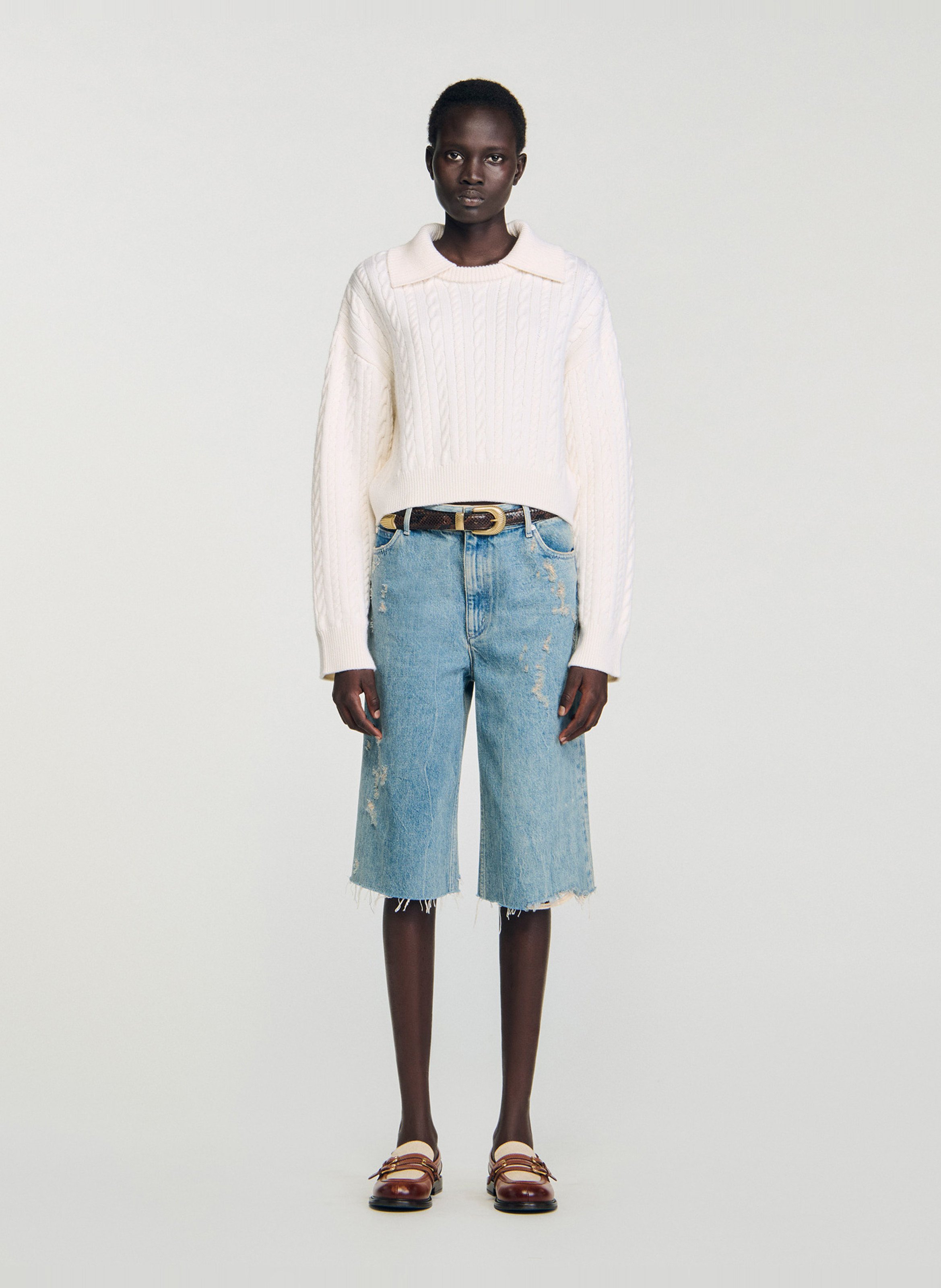 Pull col à revers en maille tressée SANDRO Blanc