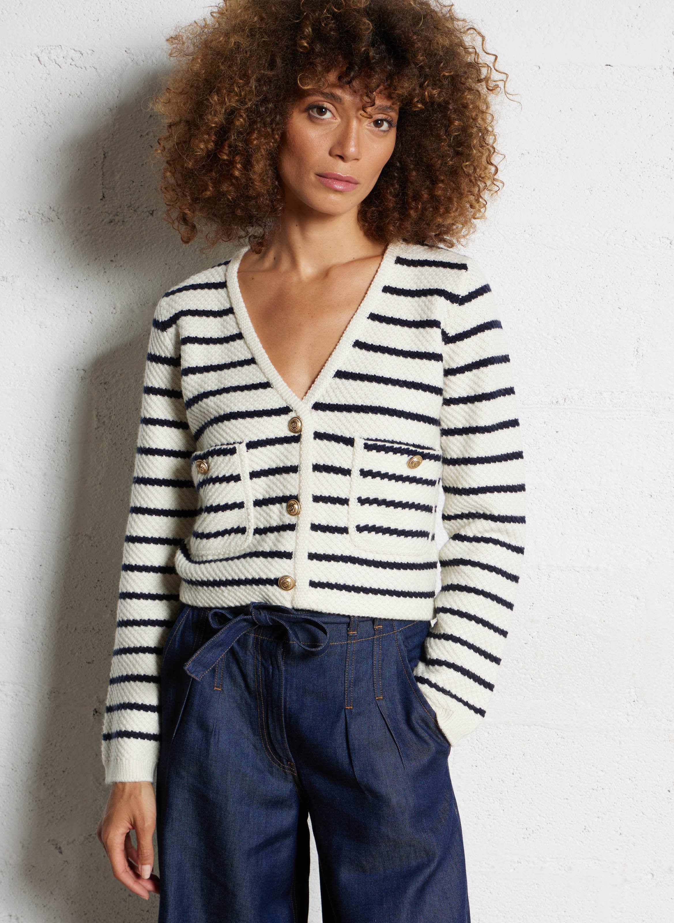 Cardigan droit col V à rayures IKKS Bleu