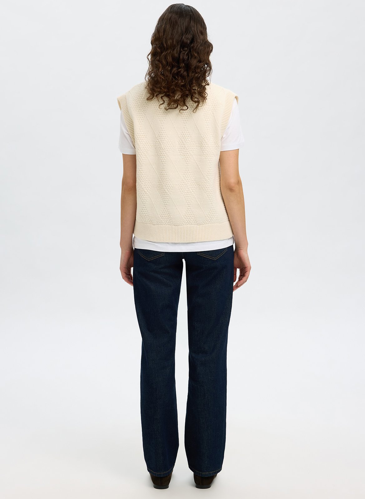 Gilet droit col V en coton et laine SELECTED Blanc