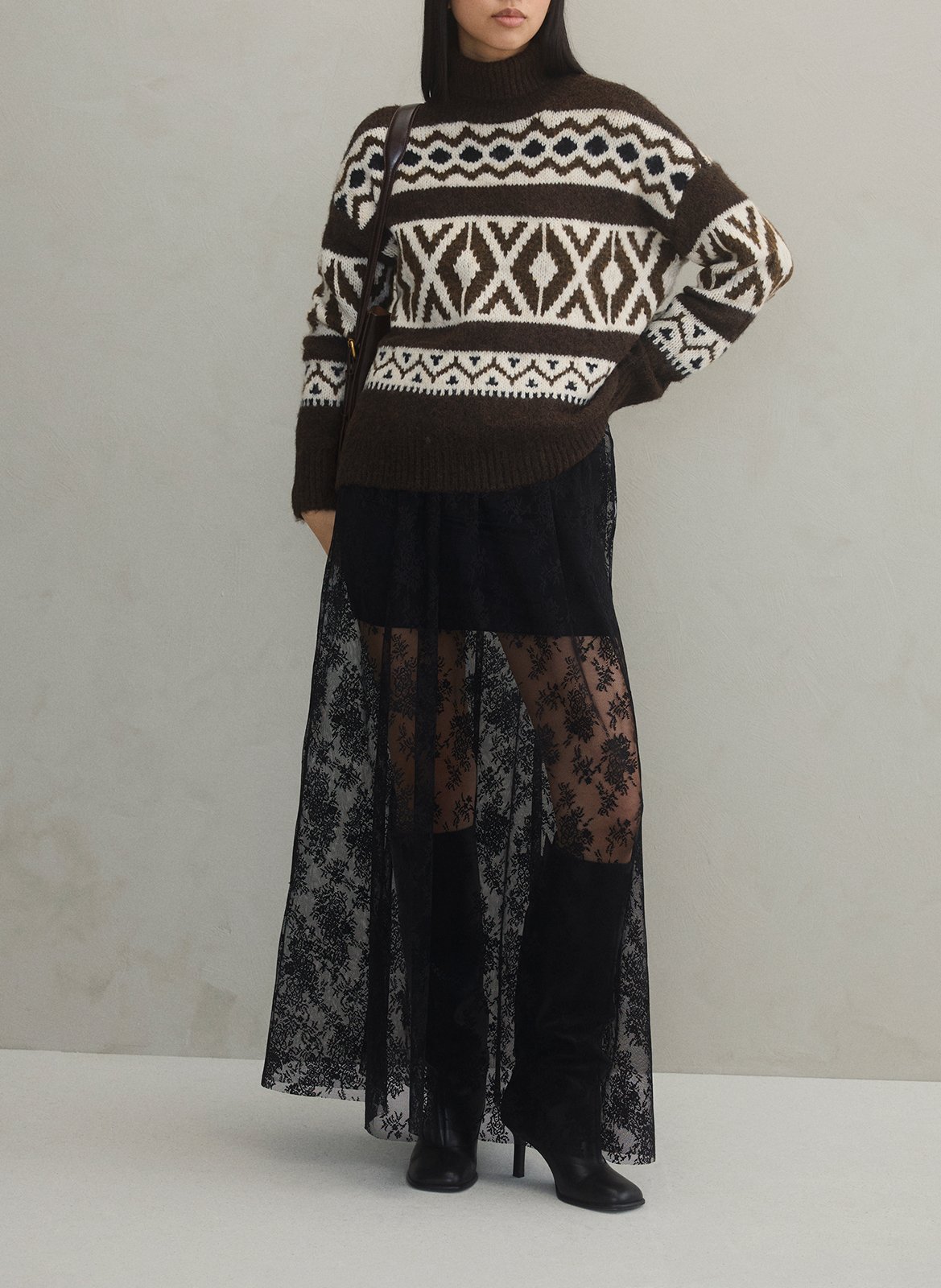 Pull droit col montant en jacquard imprimé VILA Marron