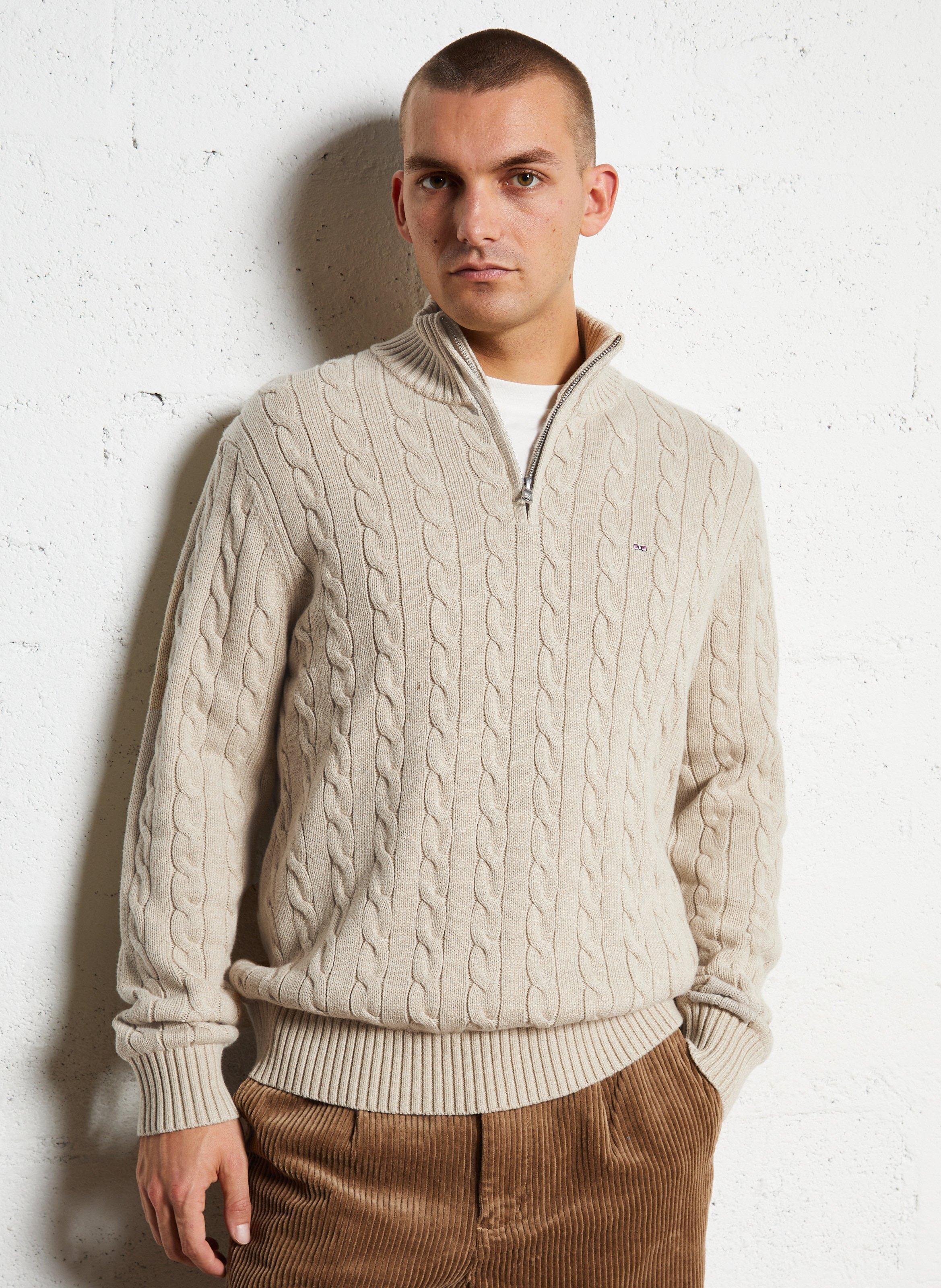Pull droit col montant brodé en coton torsadé EDEN PARK Beige
