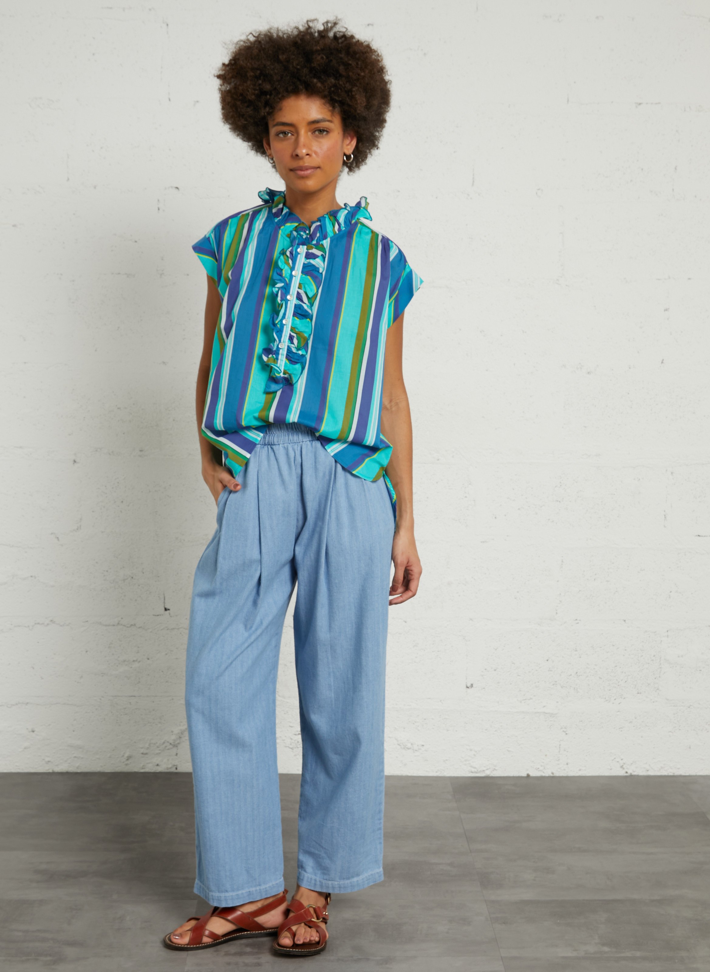 High-waisted elasticated denim trousers MASSCOB Blue