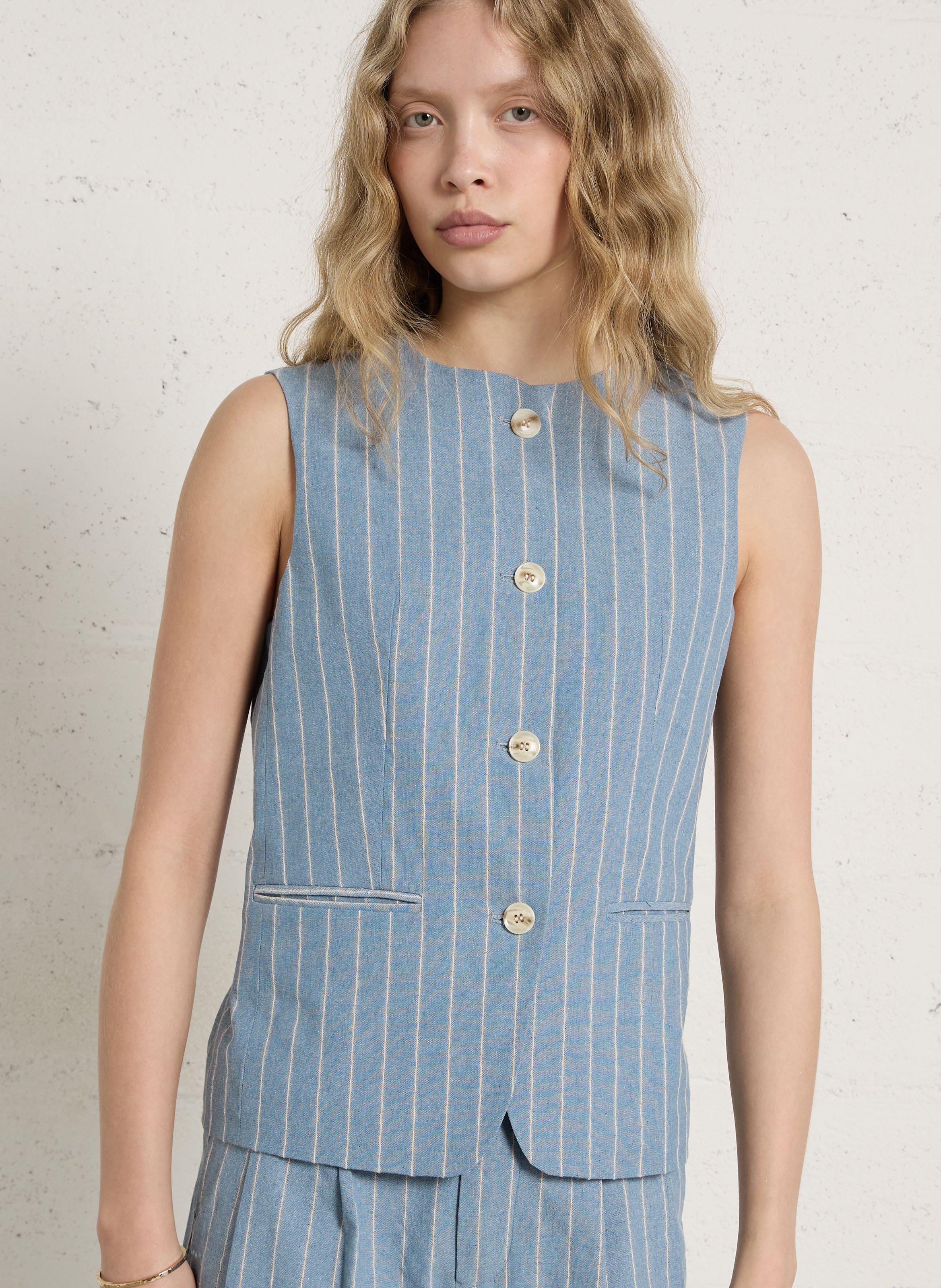 Gilet droit en coton et lin rayé THE KORNER