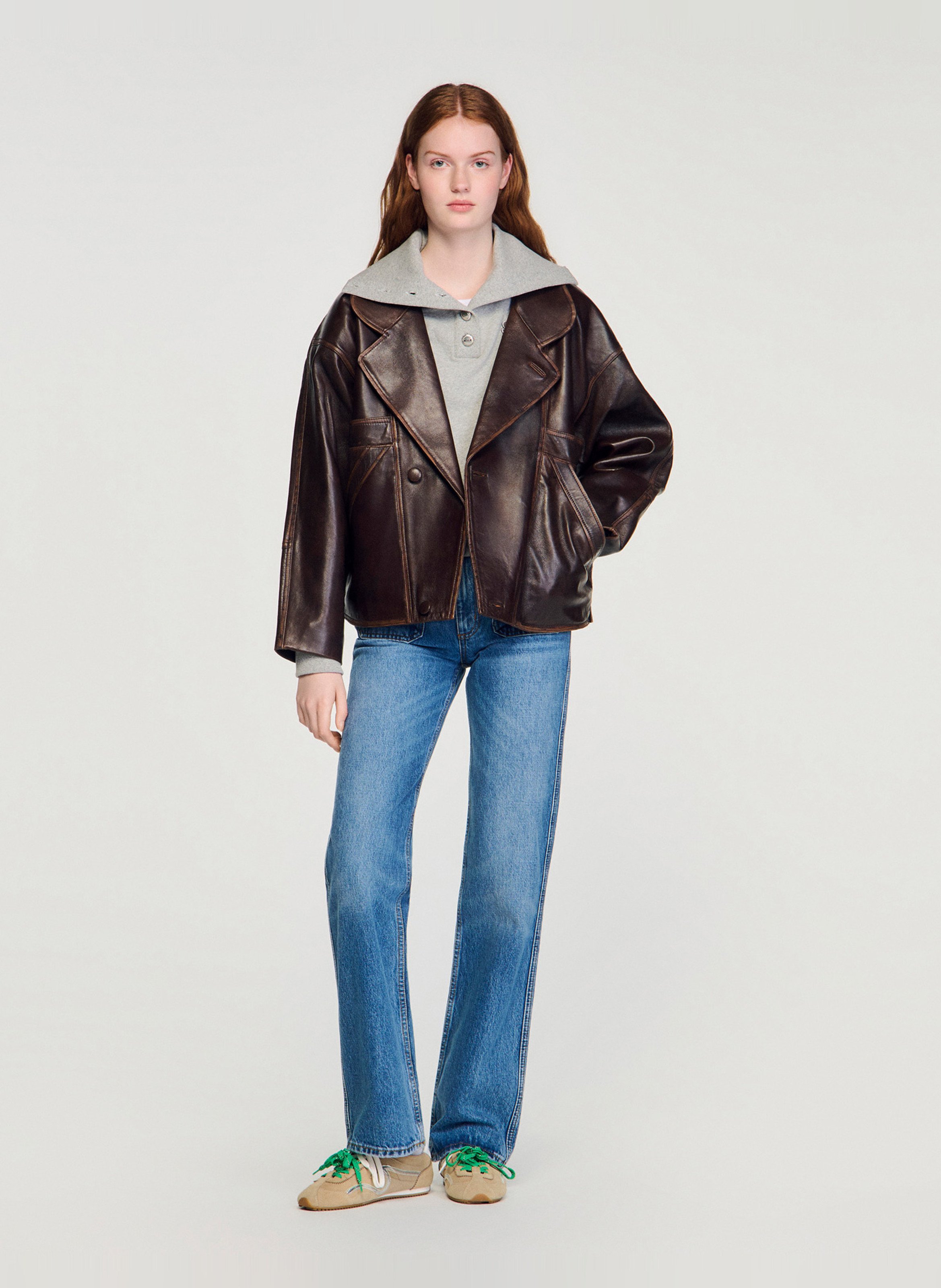 Kort, leren jasje met klassieke kraag SANDRO Bruin